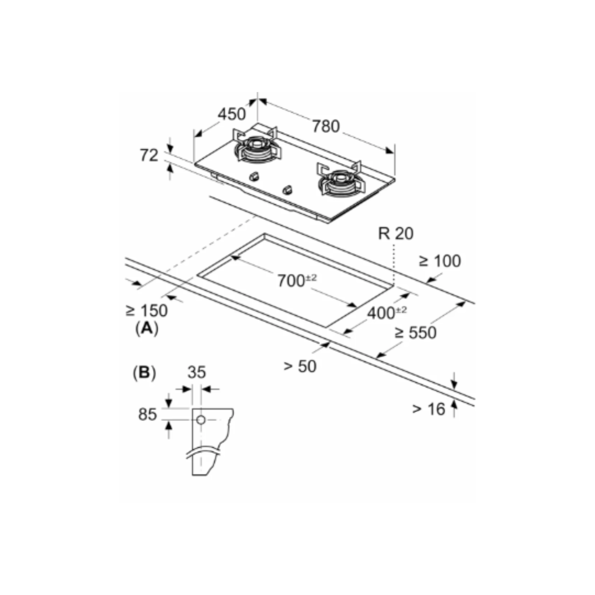 Bosch PMD82D31AF - 78cm Tempered Glass Gas Hob 2 Burners