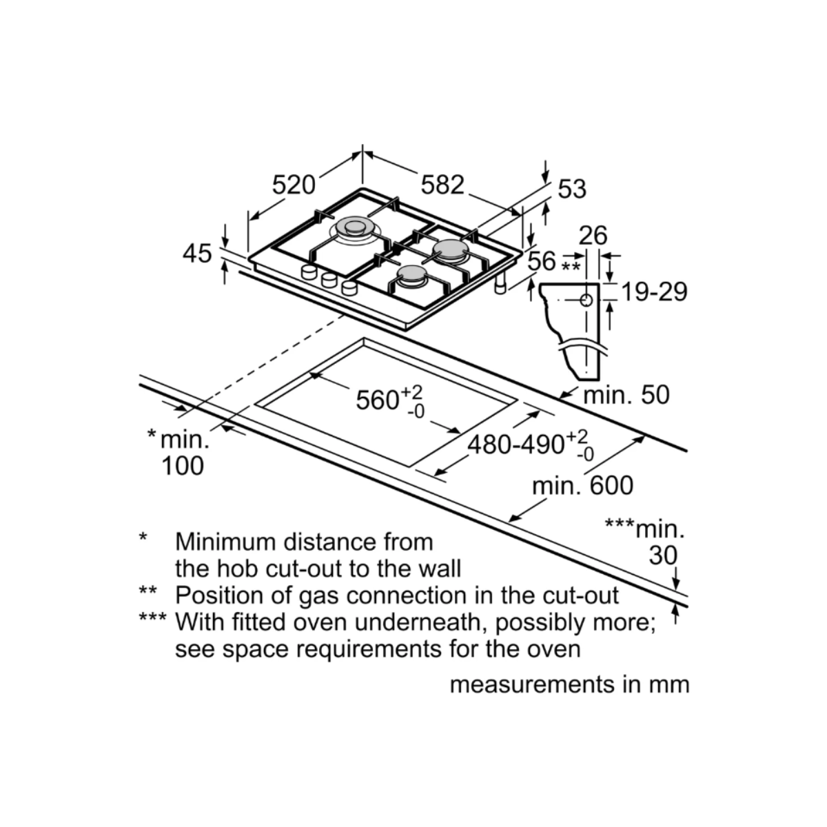 Bosch PCC6A5B90 - 58cm Stainless Steel Gas Hob 3 Burners