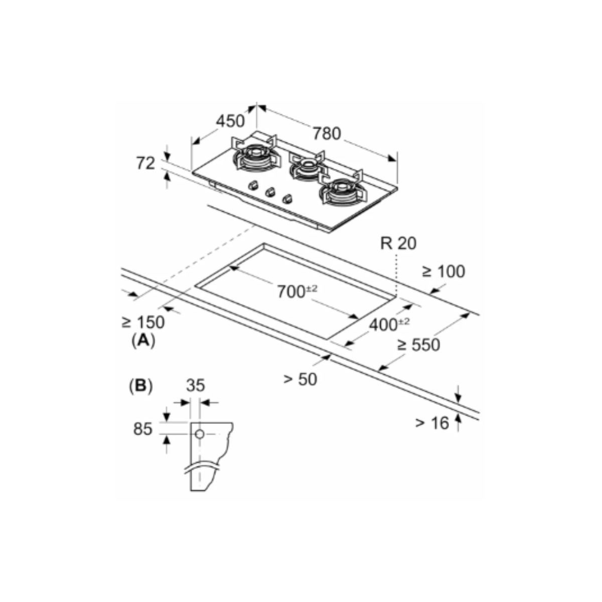Bosch PMD83D31AF - 78cm Tempered Glass Gas Hob 3 Burners
