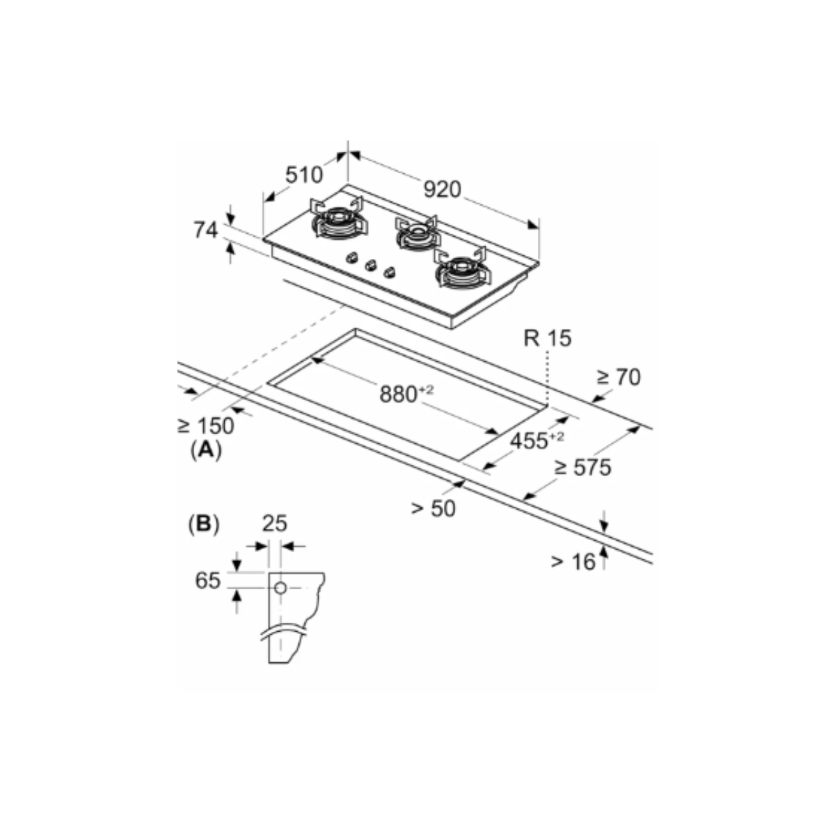 Bosch PMD93D31AF - 92cm Tempered Glass Gas Hob 3 Burners