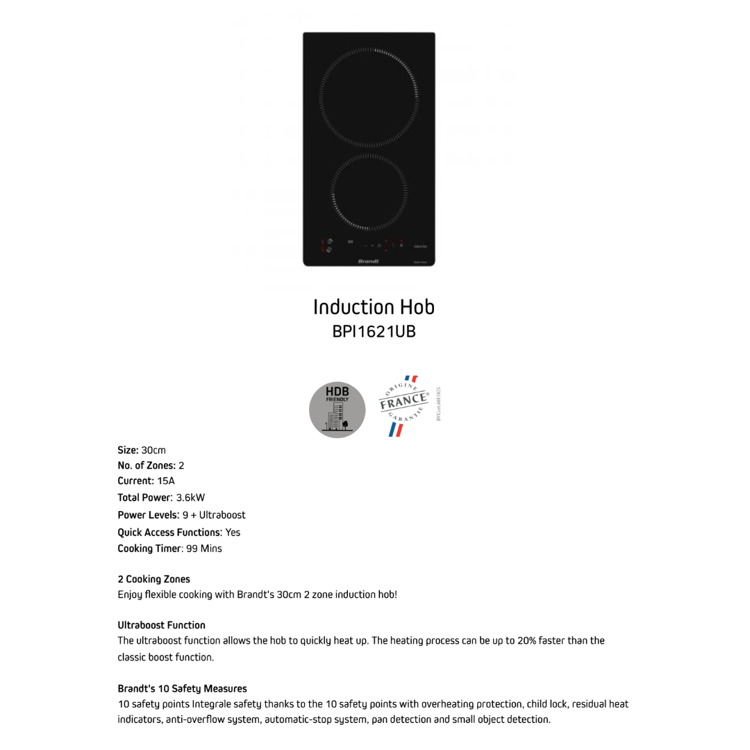 Brandt BPI1621UB - 30cm Induction Hob 2 Burners