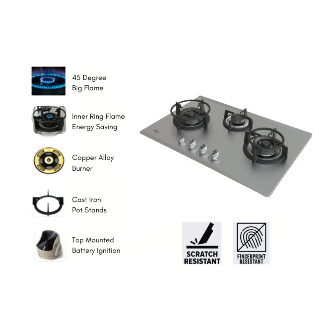 Turbo T773SSV -AS - 77cm Built-In Stainless Steel Gas Hob 3 Burners