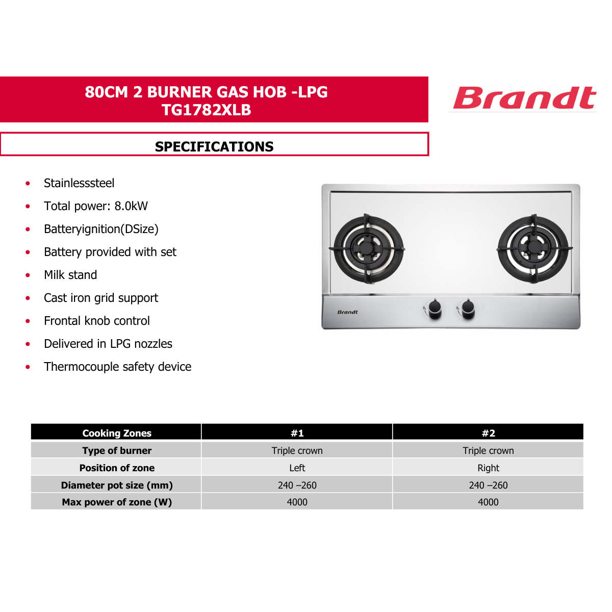 Brandt TG1782XPB / XLB  - 75cm Stainless Steel Gas Hob 2 Burners