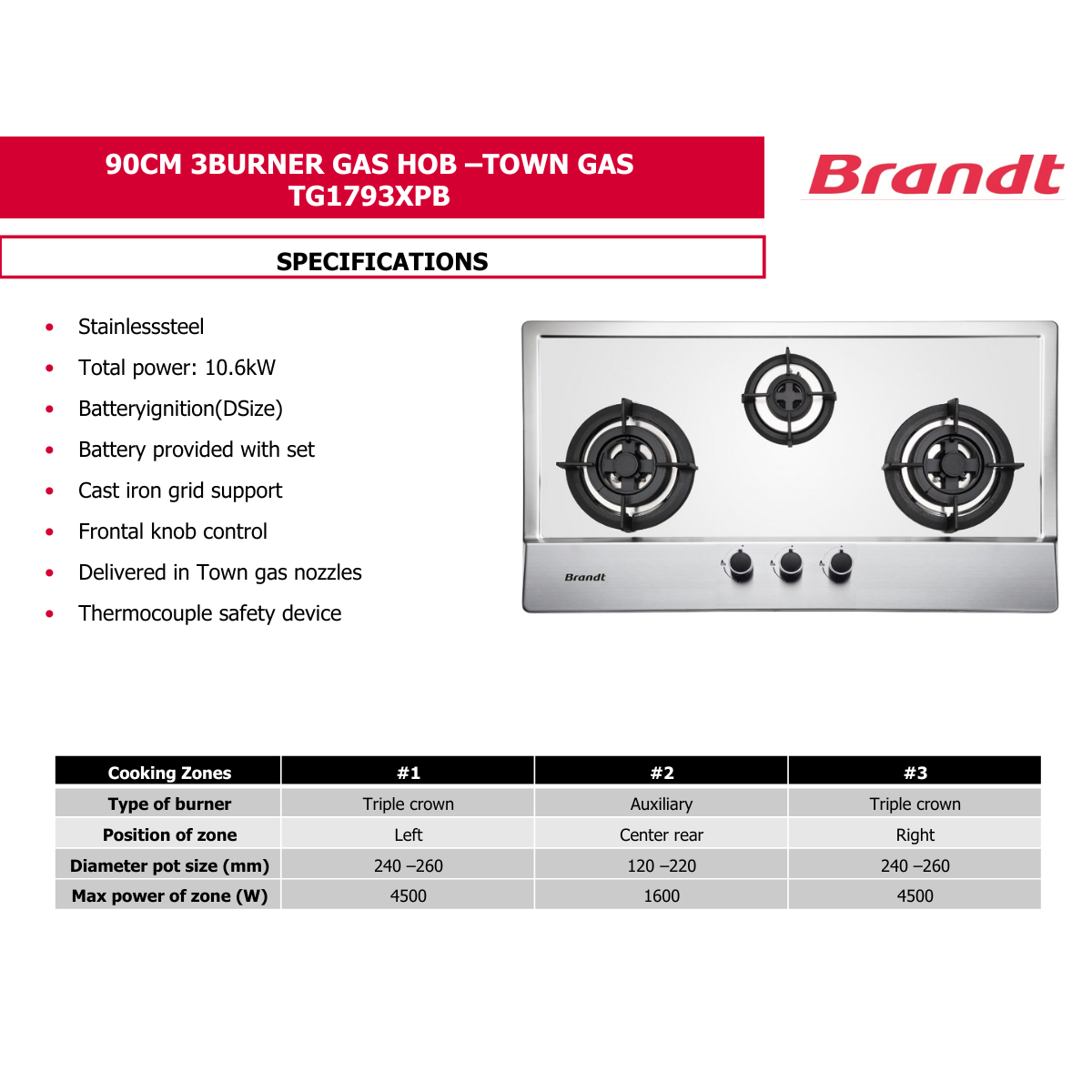 Brandt TG1793XPB / XLB - 86cm Stainless Steel Gas Hob 3 Burners