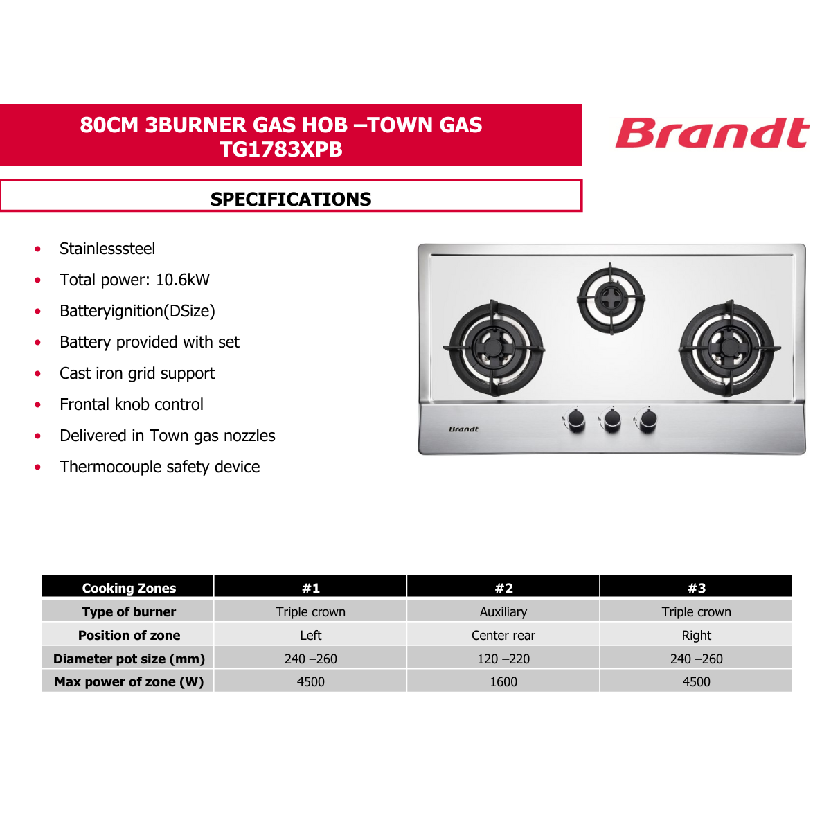 Brandt TG1783XPB / XLB - 75cm Stainless Steel Gas Hob 3 Burners