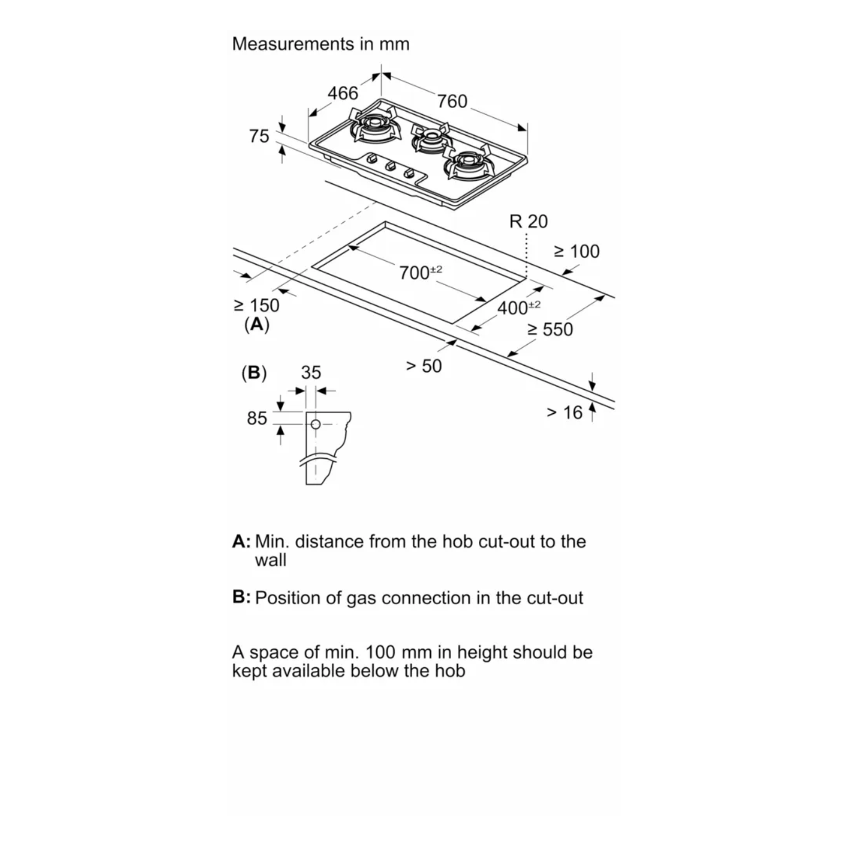 BOSCH PMD83D31AX - 76cm Tempered Glass Hob 3 Burners