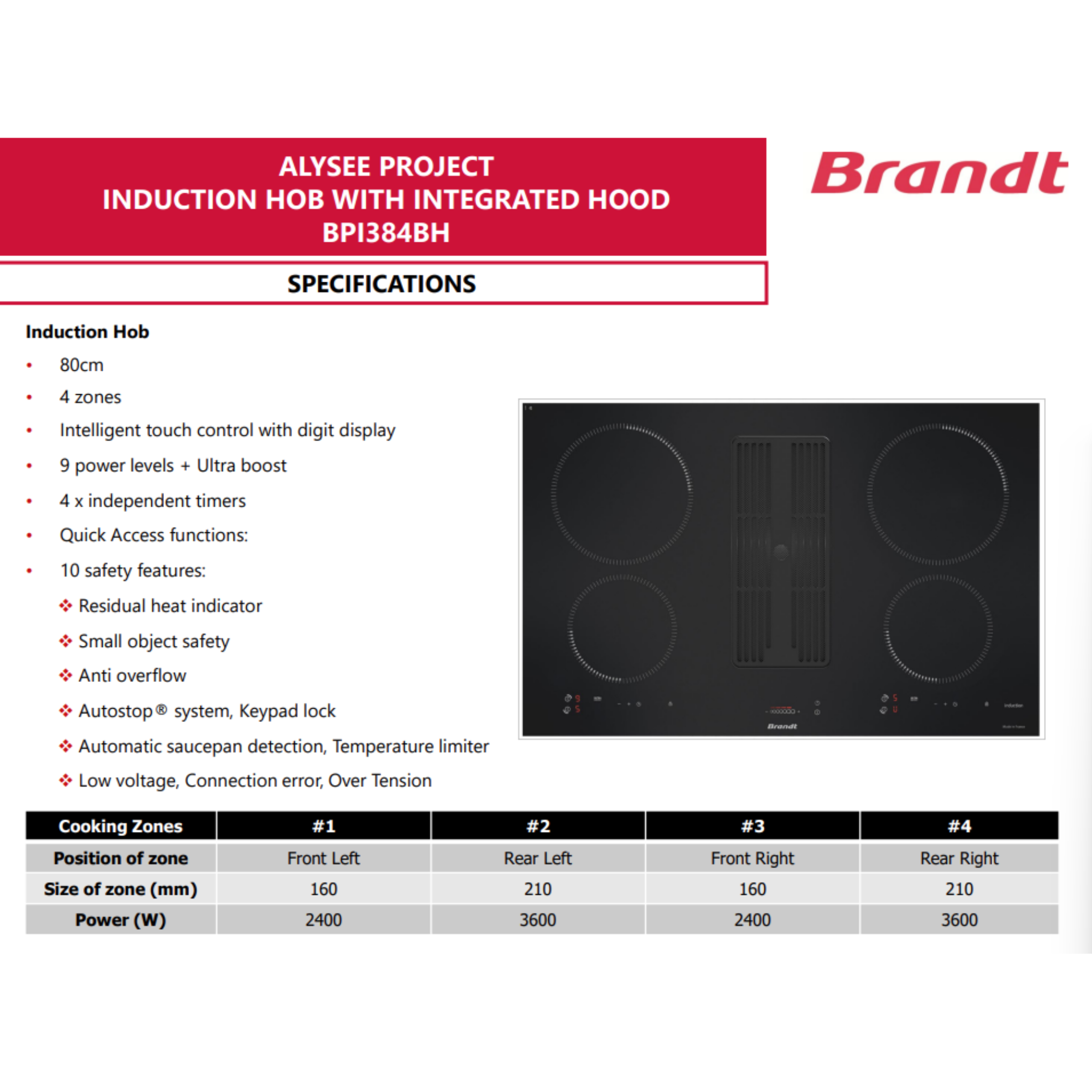 Brandt BPI384BH - 80cm Induction Hob 4 Burners with Integrated Hood