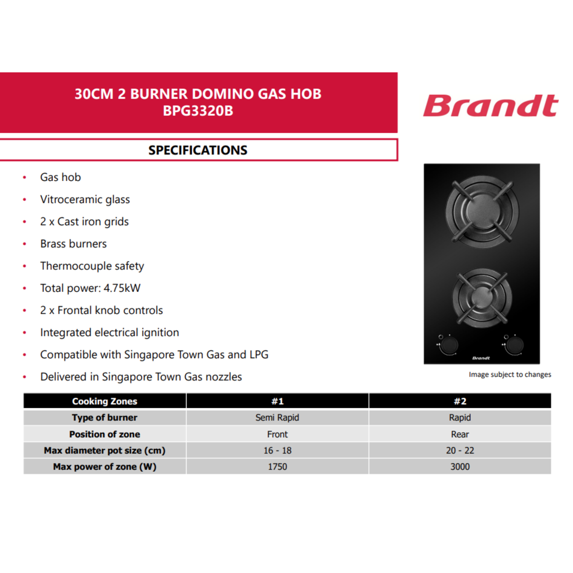 Brandt BPG3320B - 30cm Tempered Glass Gas Hob 2 Burners