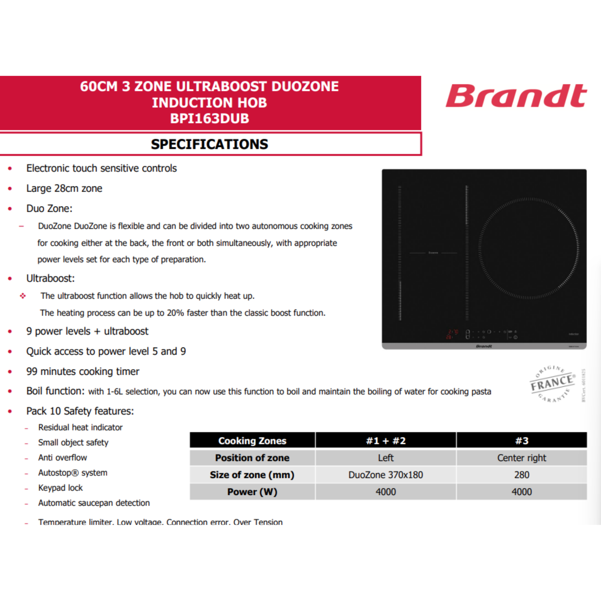 Brandt BPI163DUB - 58cm Induction Hob 3 Burners