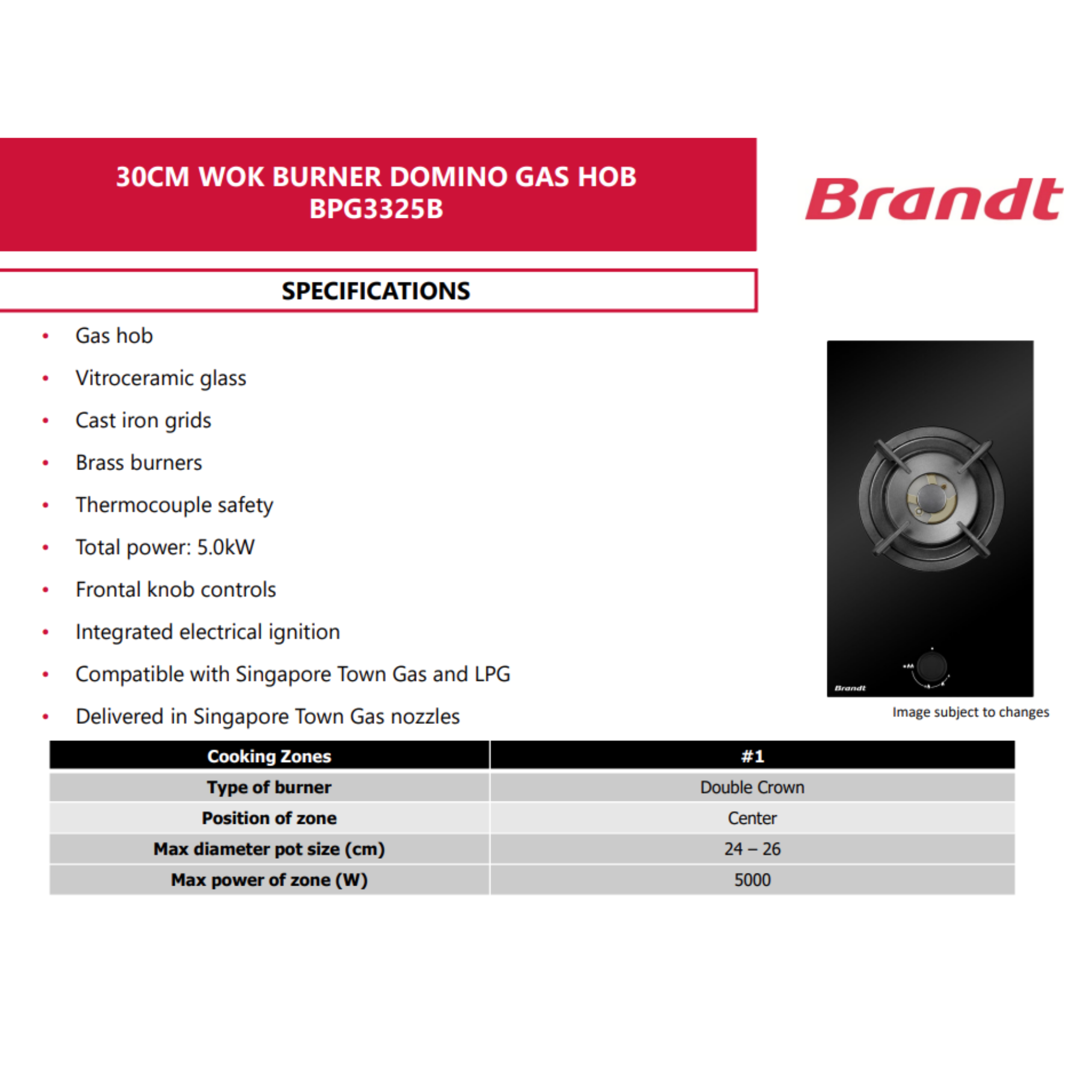 Brandt BPG3325B - 30cm Tempered Glass Gas Hob 1 Burner