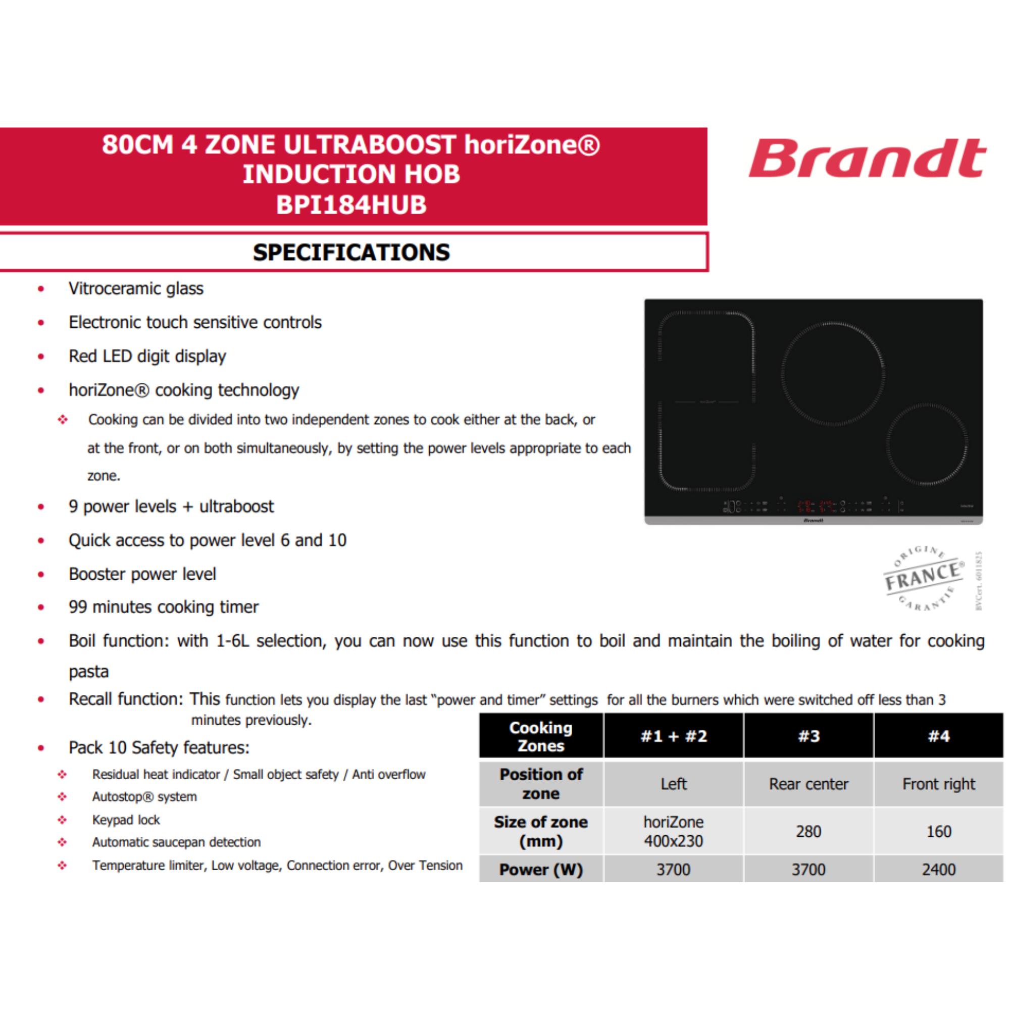 Brandt BPI184HUB - 77cm Induction Hob 4 Burners
