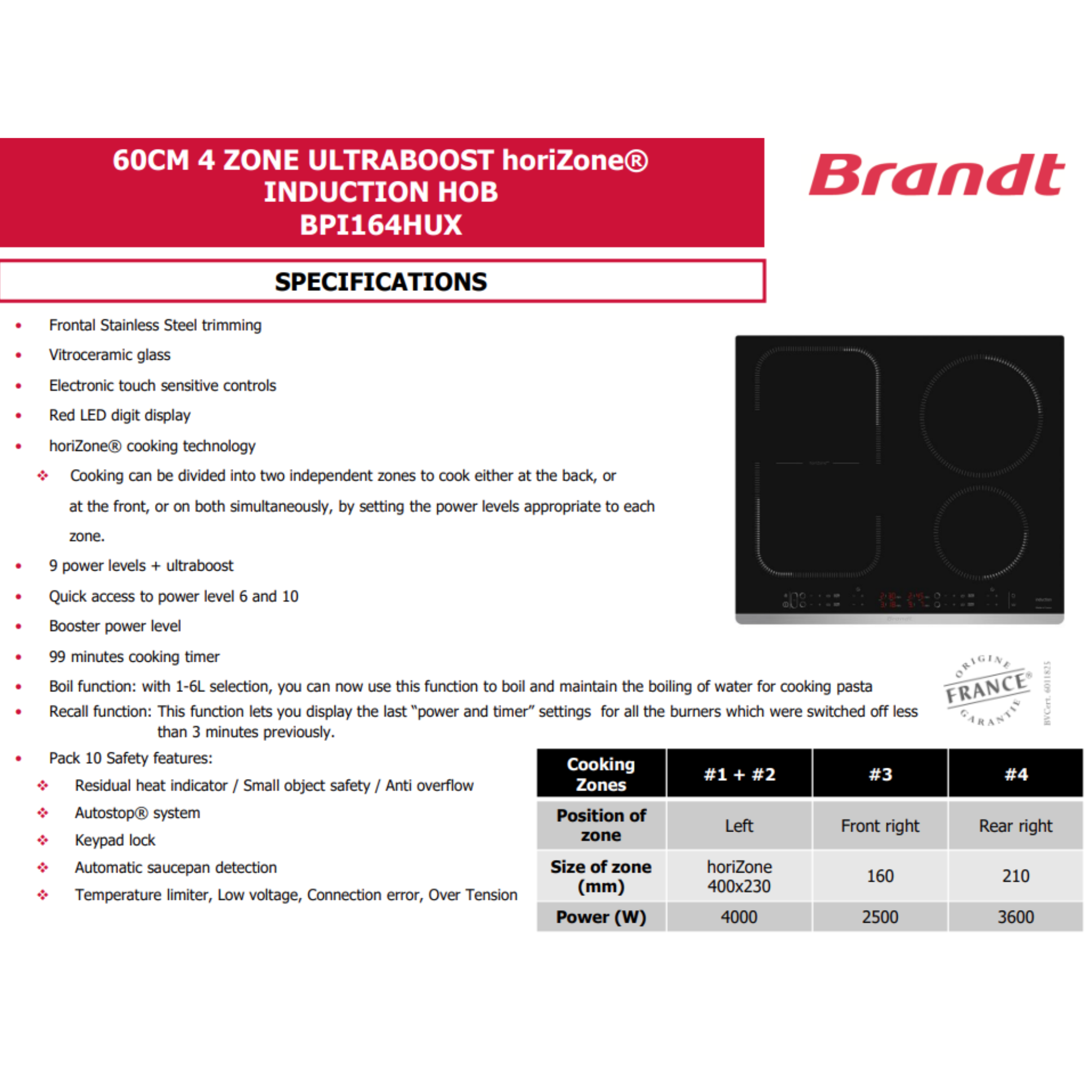Brandt BPI164HUX - 58cm Induction Hob 4 Burners