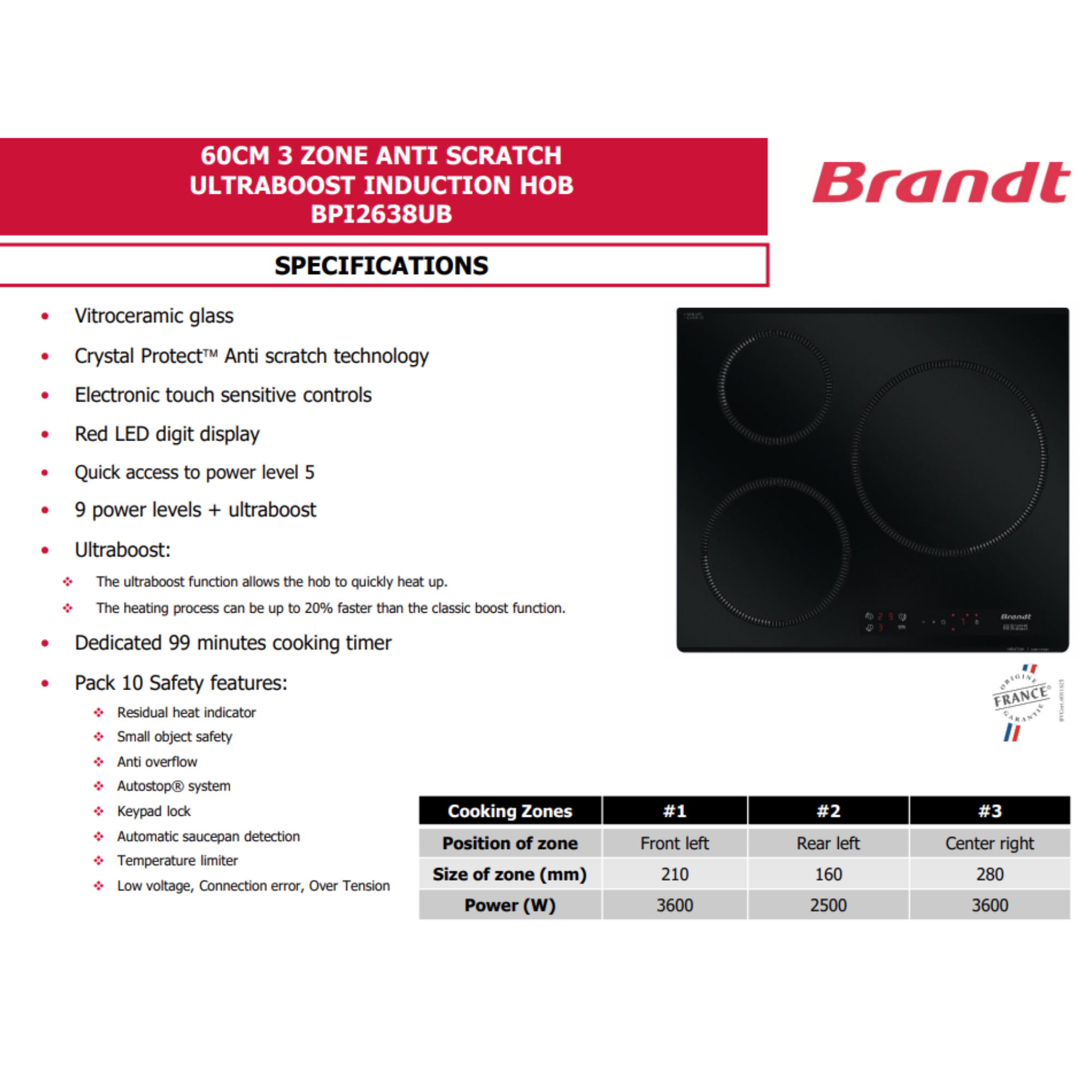 Brandt BPI2638UB - 58cm Induction Hob 3 Burners