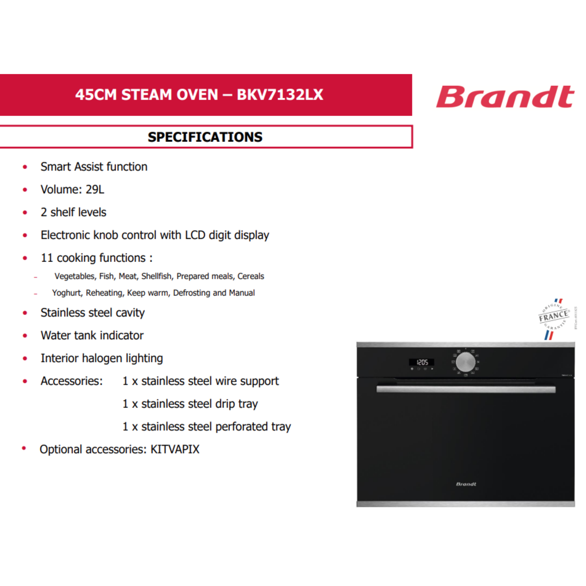 Brandt BKV7132LX - 29L Built-In Steam Oven