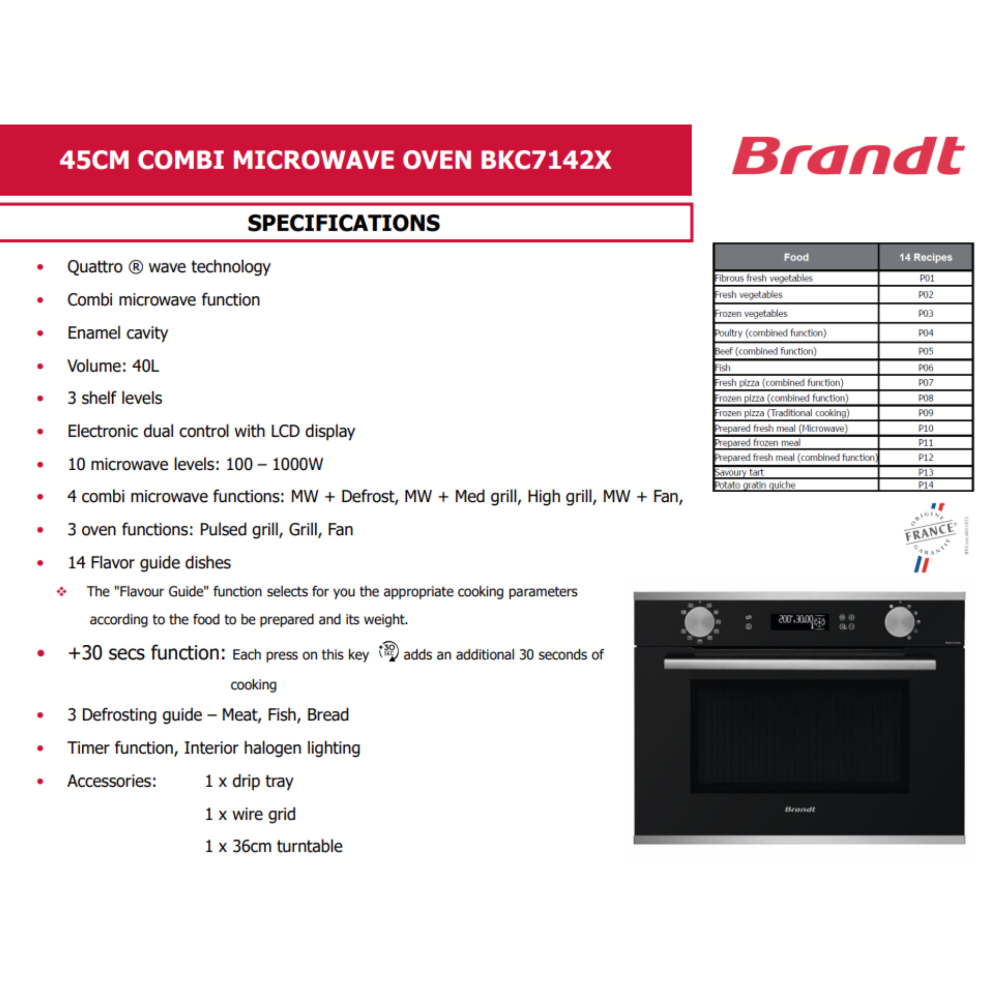 Brandt BKC7142LX - 40L Built-In Microwave Oven