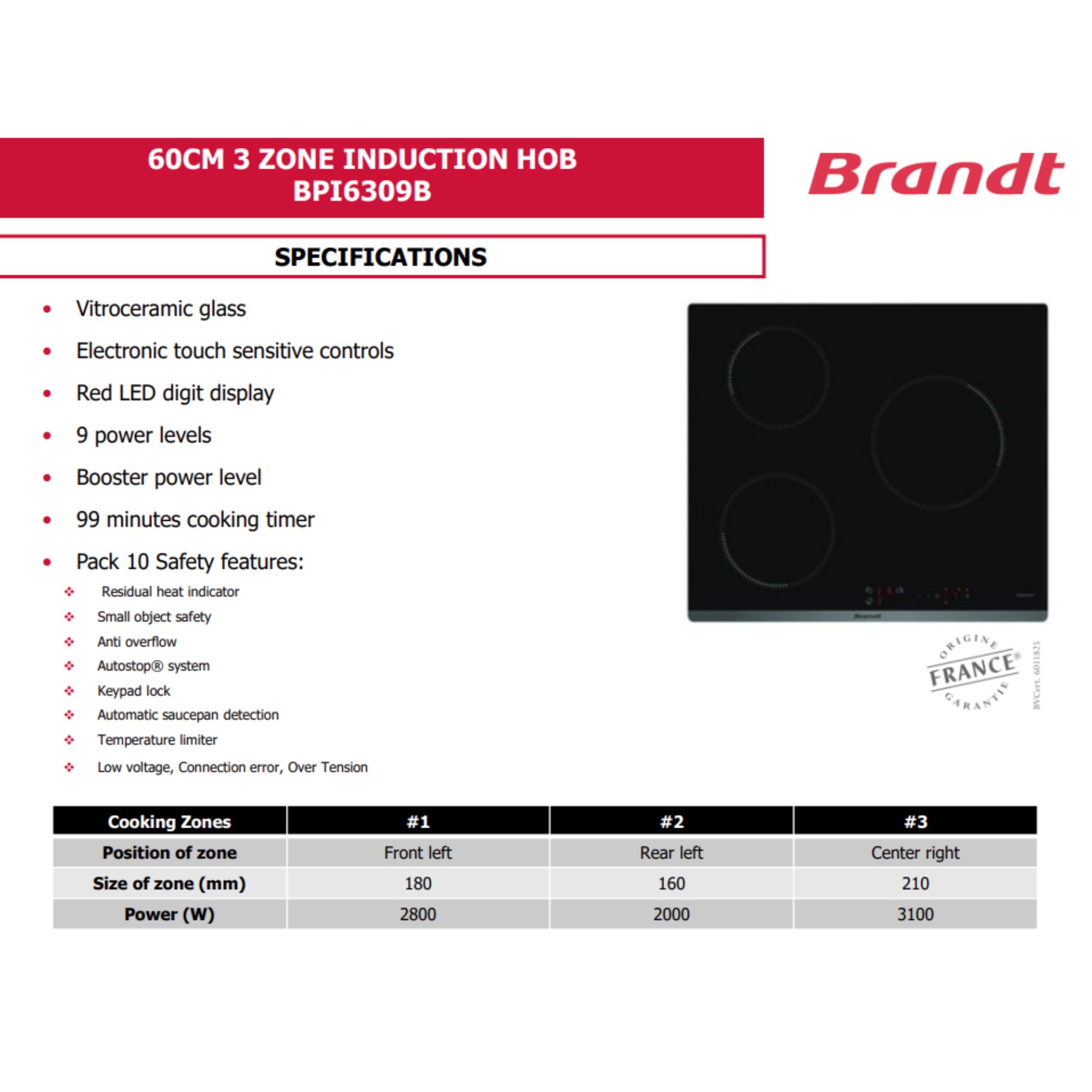 Brandt BPI6309B - 58cm Induction Hob 3 Burners