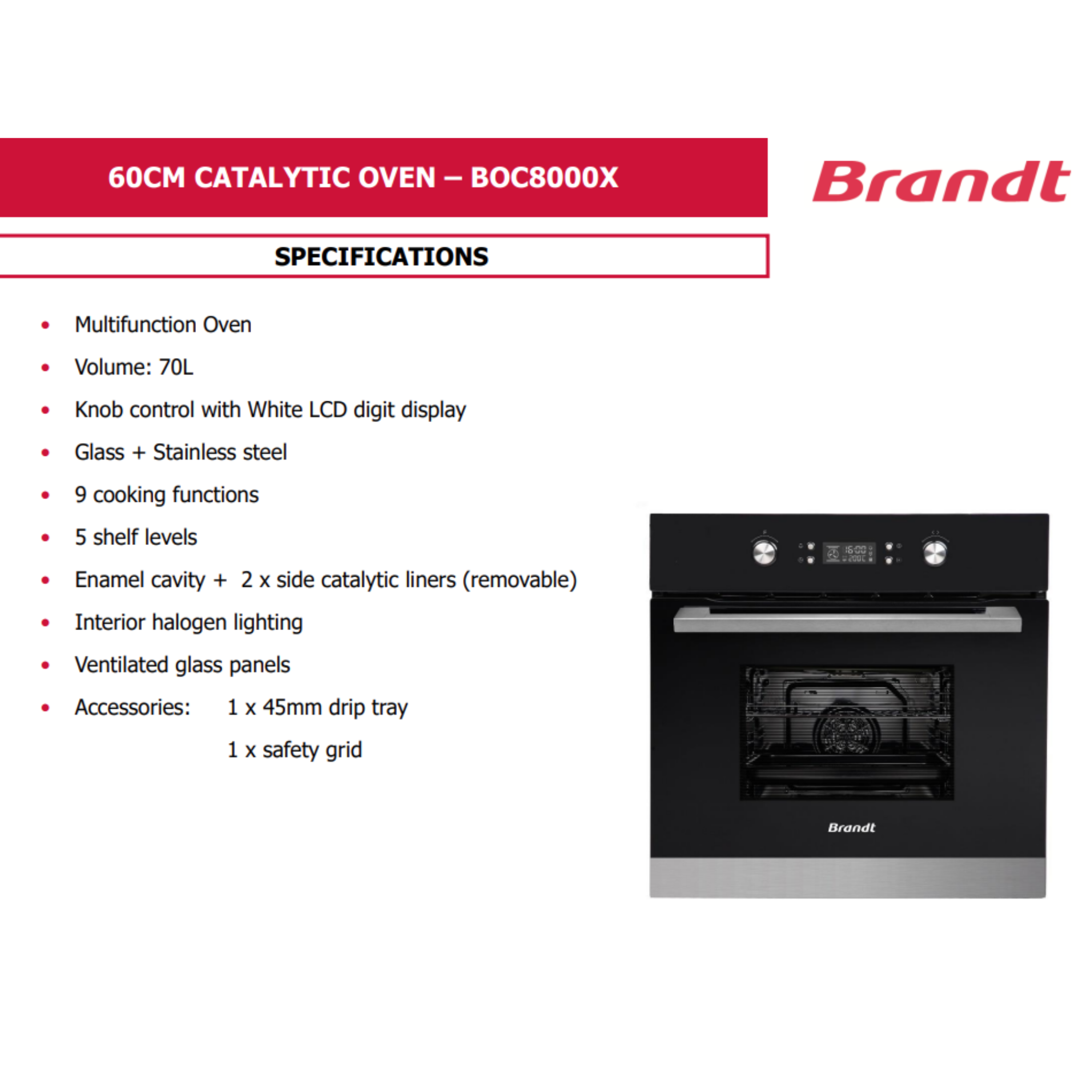 Brandt BOC8000X - 70L 9 Functions Built-In Catalytic Oven