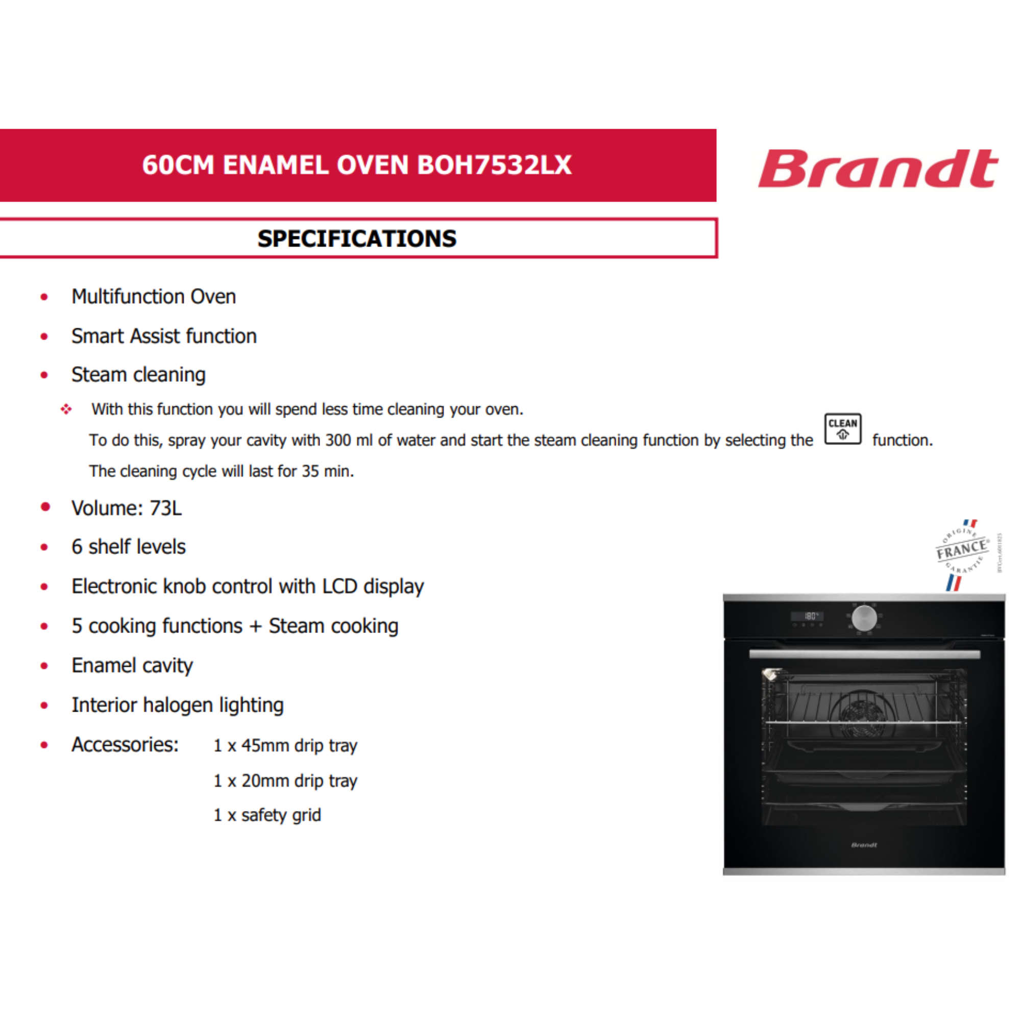 Brandt BOH7532LX - 73L 5 Functions Built-In Hydrolyse Oven