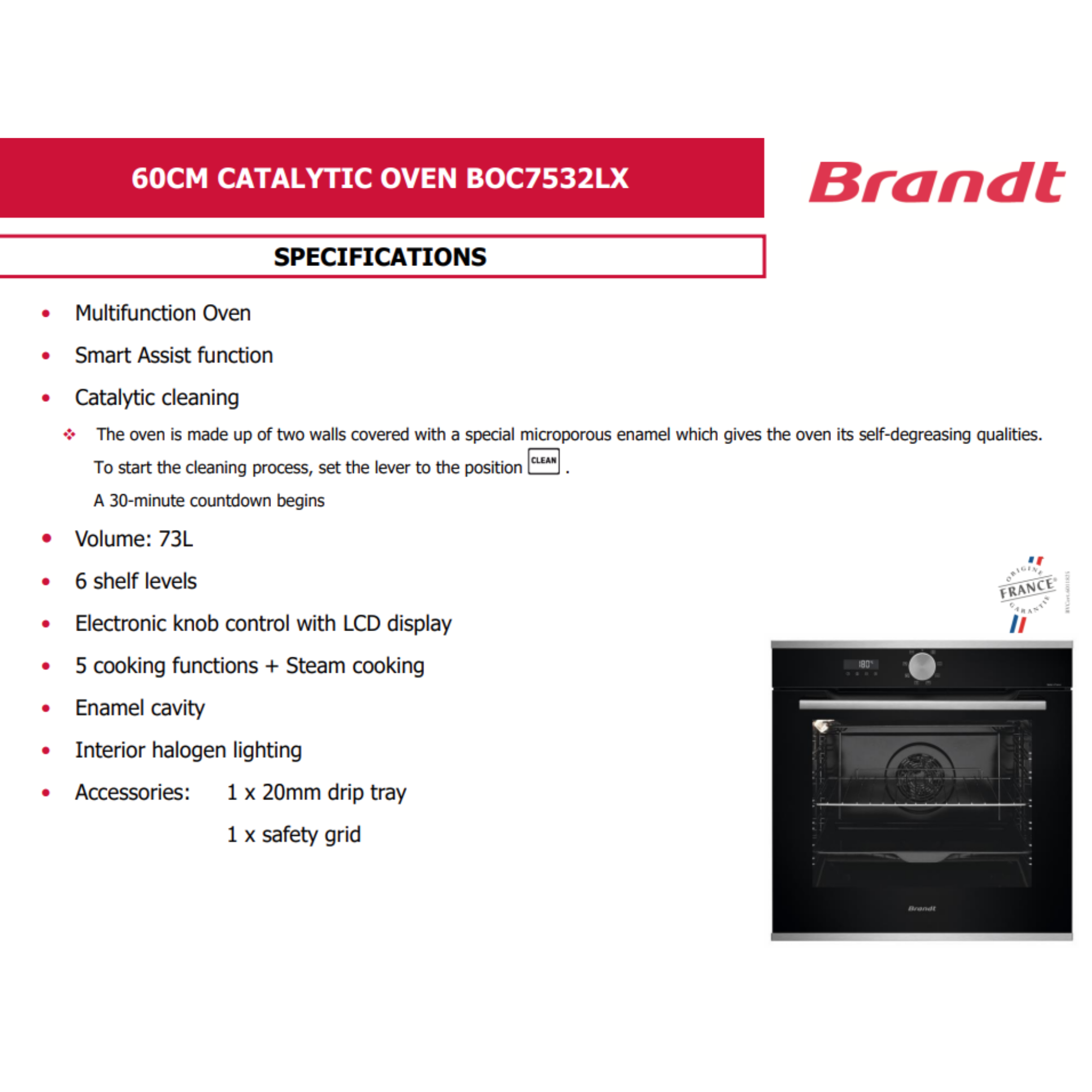 Brandt BOC7532LX - 73L 5 Functions Built-In Catalytic Oven