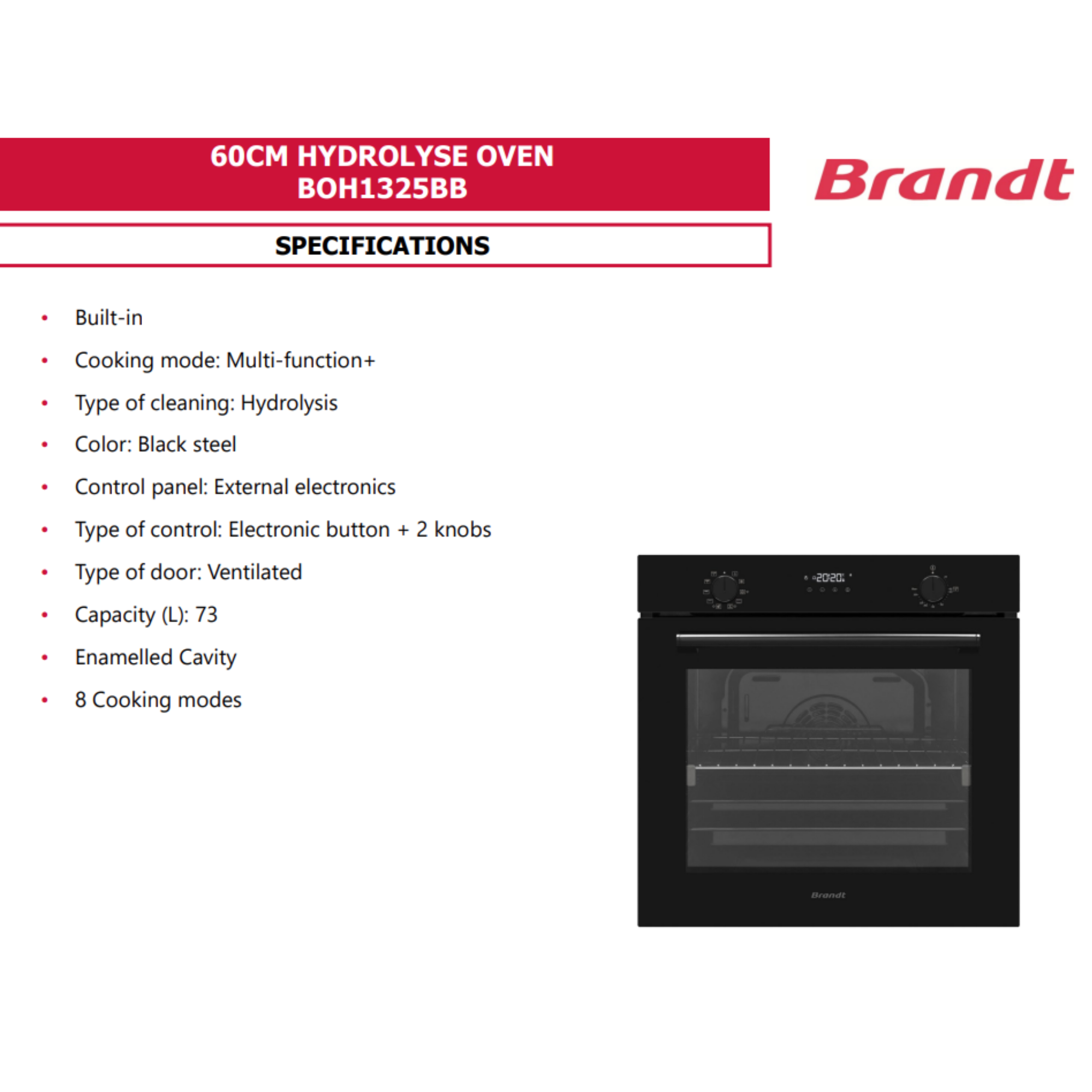 Brandt BOH1325BB - 73L 8 Functions Built-In Hydrolyse Oven
