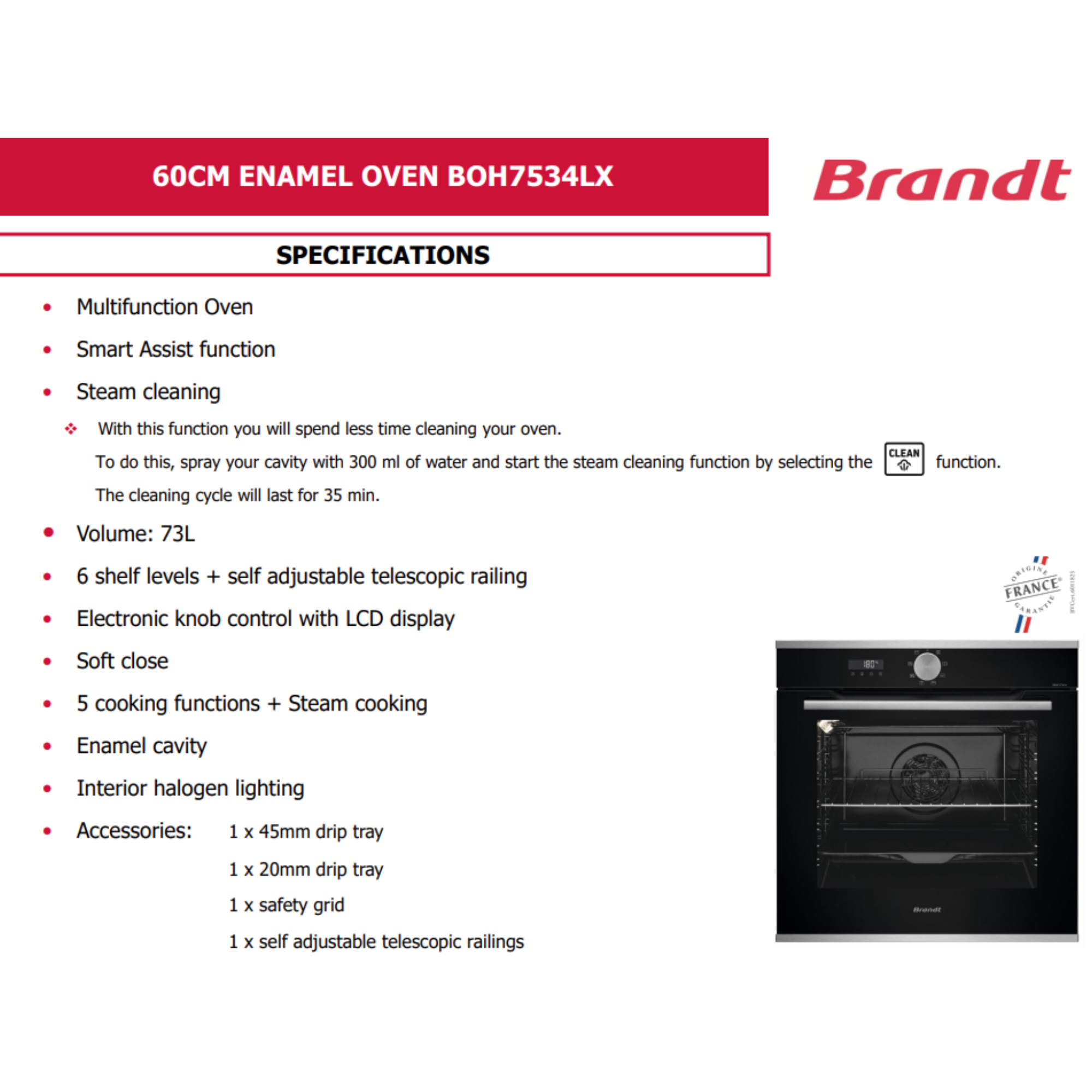 Brandt BOH7534LX - 73L 5 Functions Built-In Hydrolyse Oven