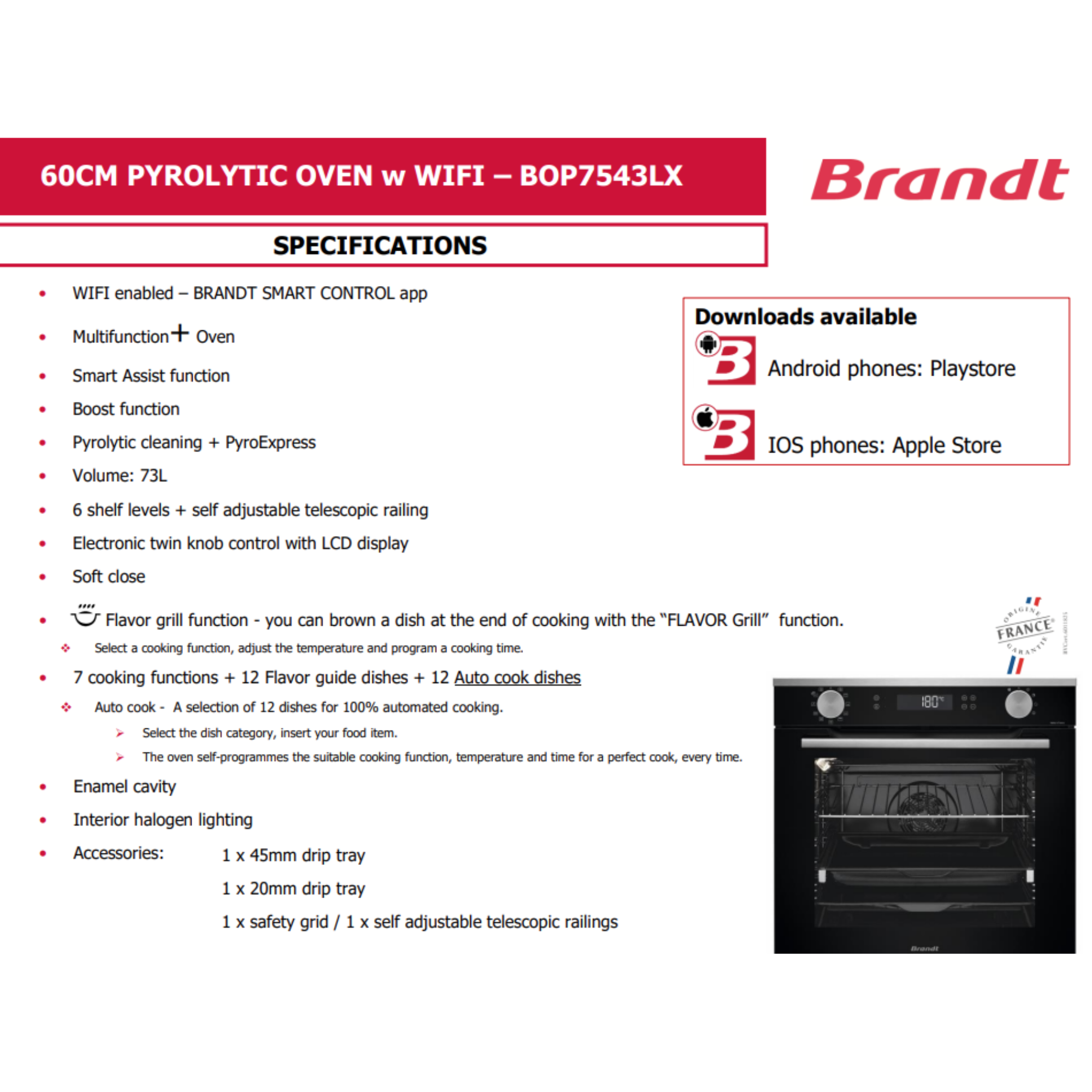 Brandt BOP7543LX - 73L 7 Functions Built-In Pyrolytic Oven