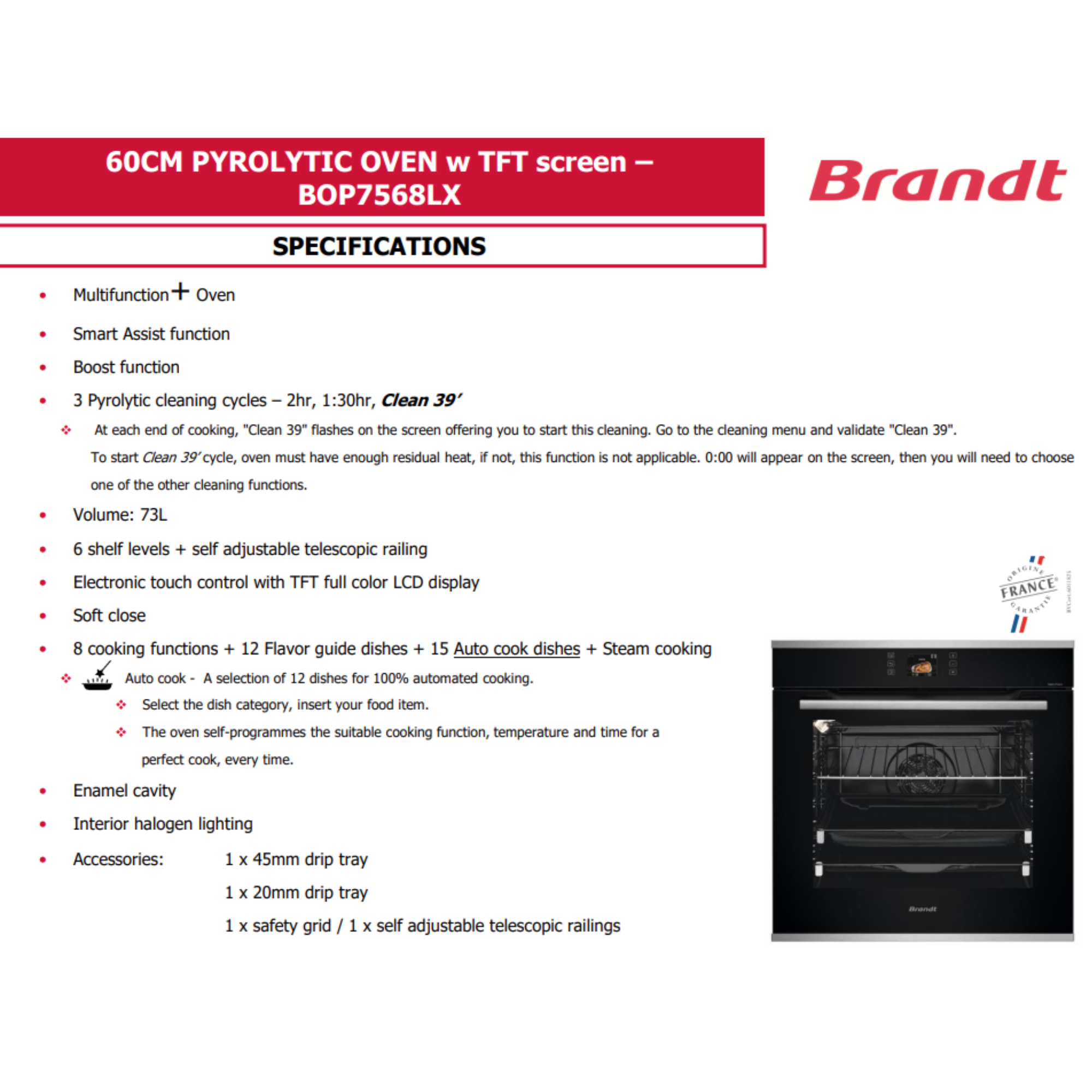 Brandt BOP7568LX - 73L 8 Functions Built-In Pyrolytic Oven