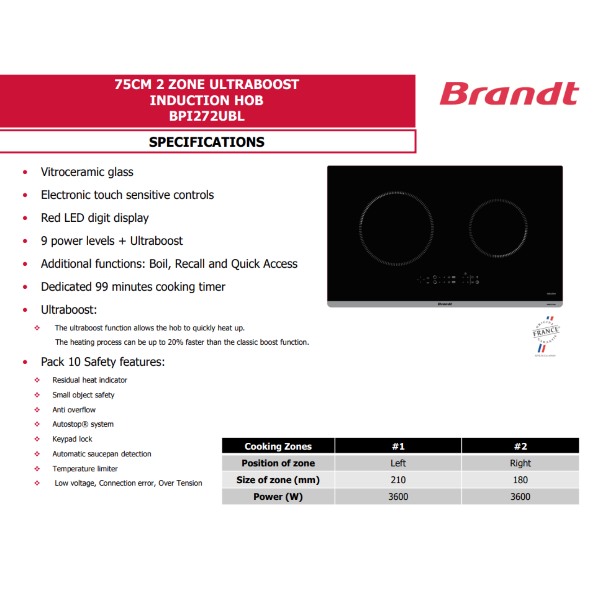 Brandt BPI272UBL - 75cm Induction Hob 2 Burners
