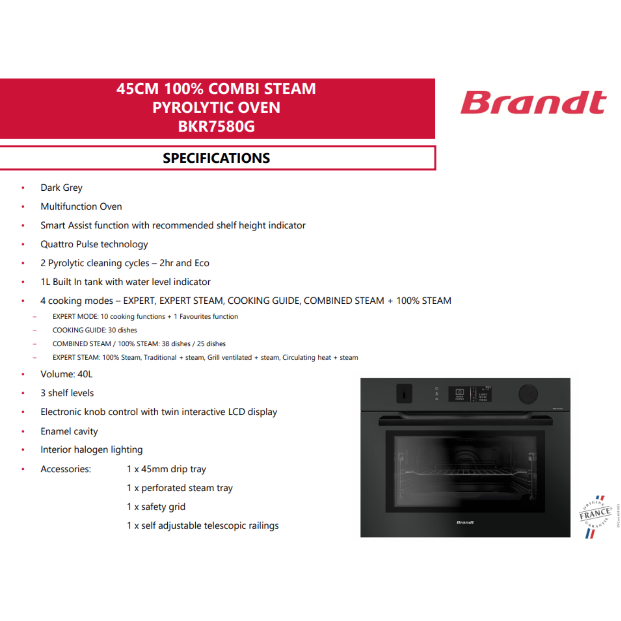 Brandt BKR7580G - 40L 10 Functions Built-In Pyrolytic Oven