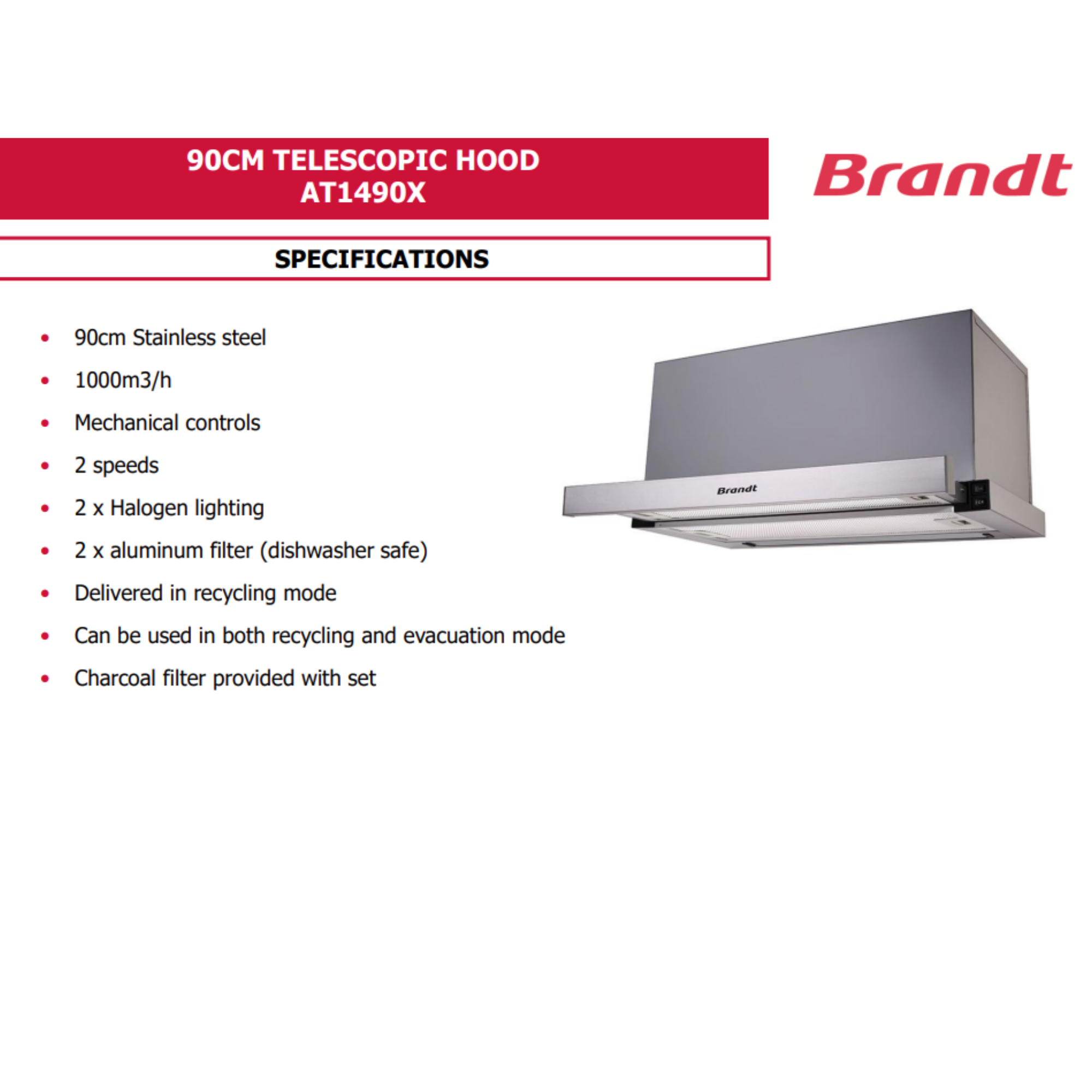 Brandt AT1490X - 90cm Stainless Steel Telescopic Hood