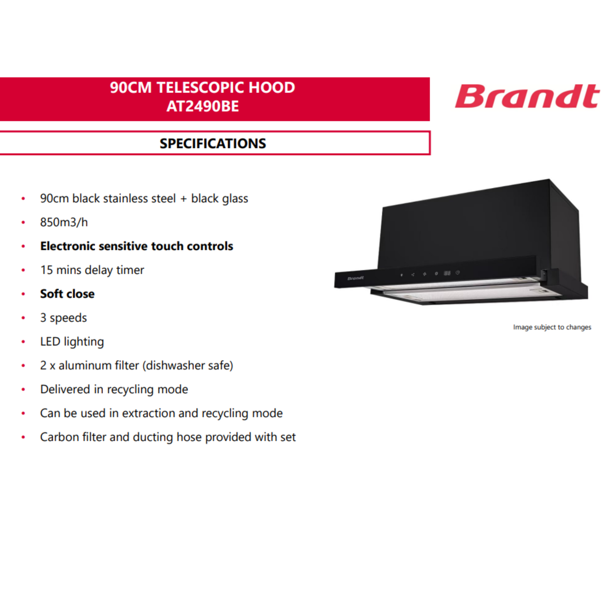 Brandt AT2490BE - 90cm Stainless Steel Telescopic Hood
