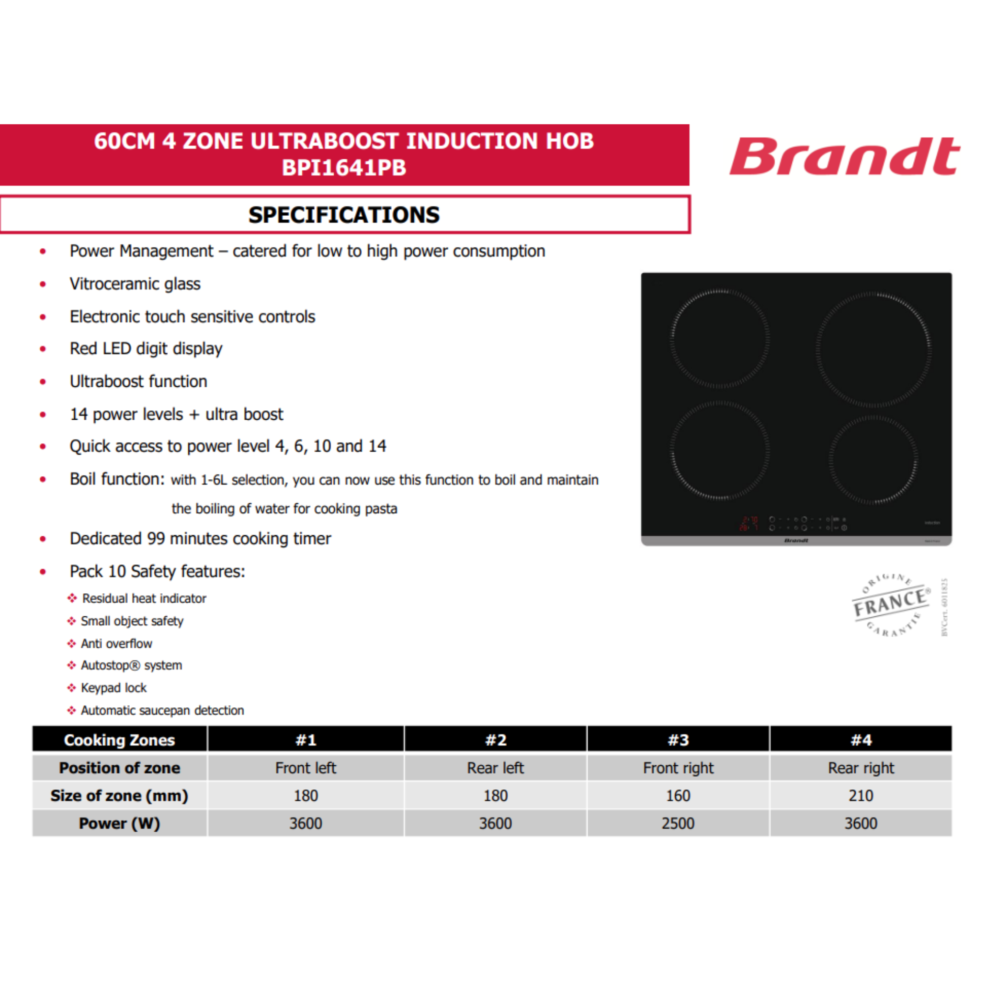 Brandt BPI1641PB - 58cm Induction Hob 4 Burners