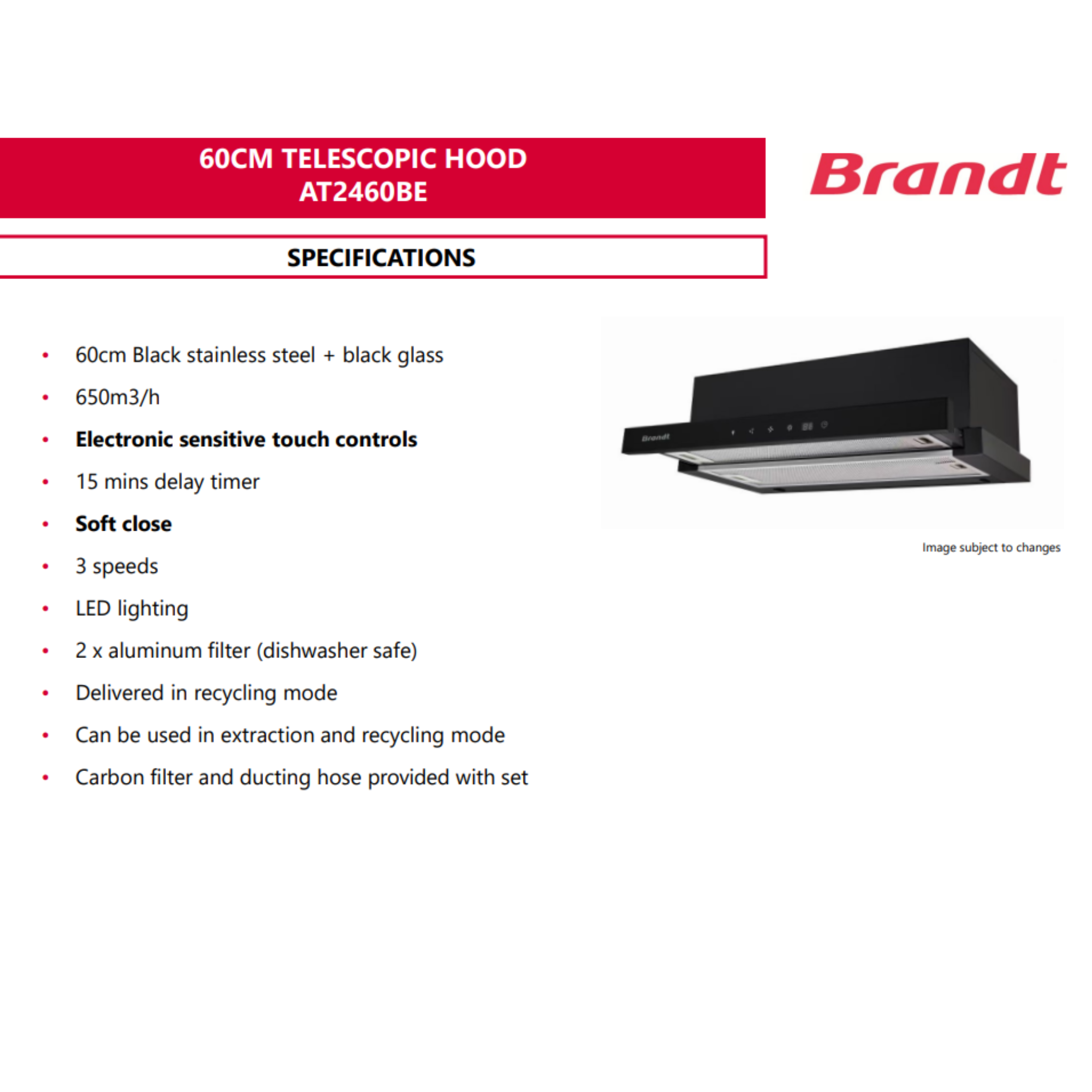 Brandt AT2460BE - 60cm Stainless Steel Telescopic Hood