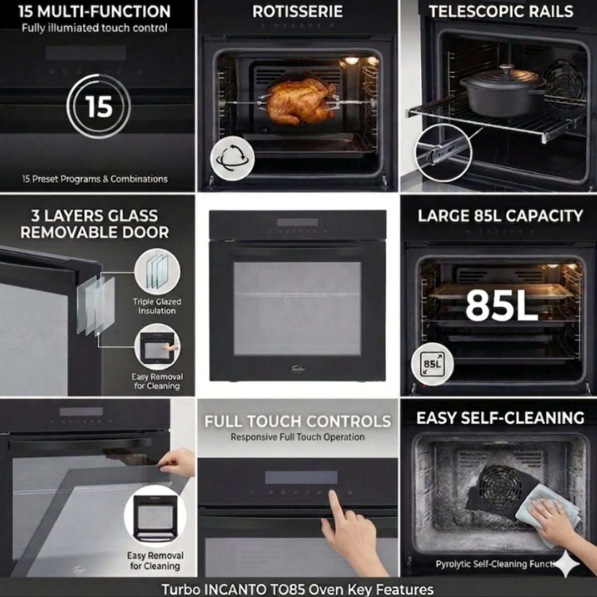 Turbo TO85BK - 80L 15 Functions Built-In Oven