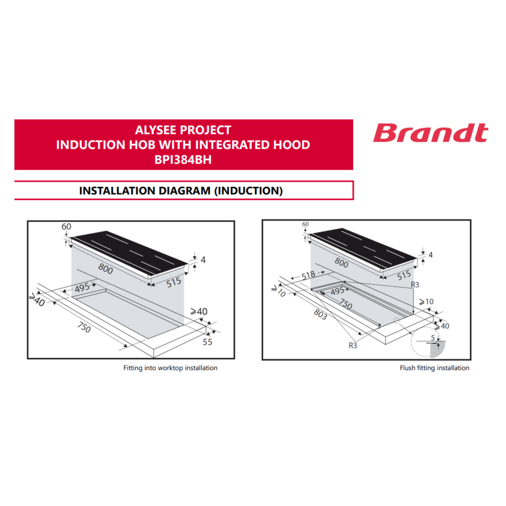 Brandt BPI384BH - 80cm Induction Hob 4 Burners with Integrated Hood