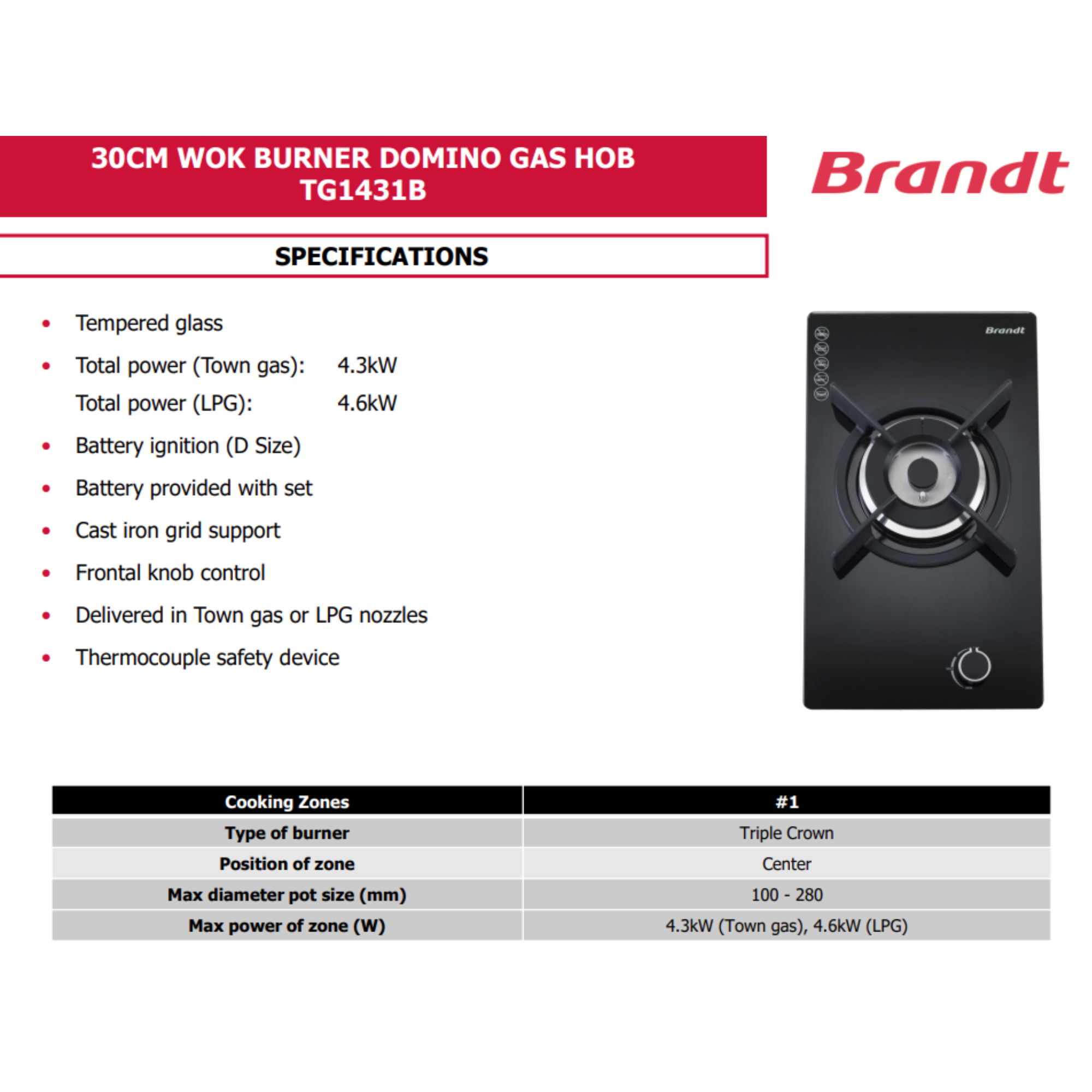 Brandt TG1431B - 30cm Domino Glass Gas Hob 1 Burner