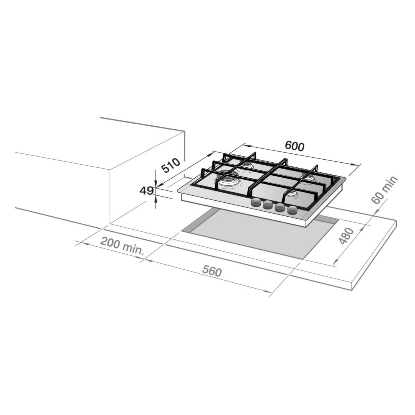 Elba ELIO 65-445D1 - 60cm Stainless Steel Gas Hob 4 Burners