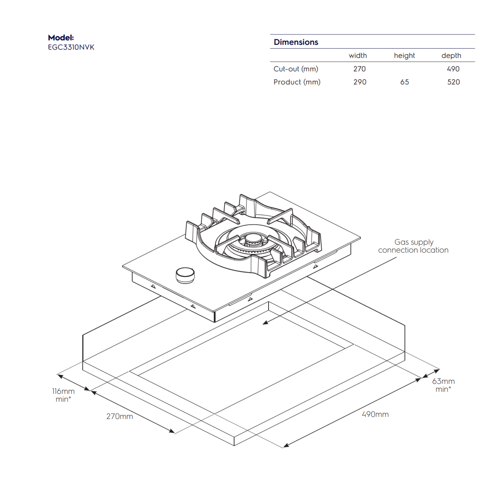 Electrolux EGC3310NVK - 30cm Ceramic Gas Hob 1 Burners