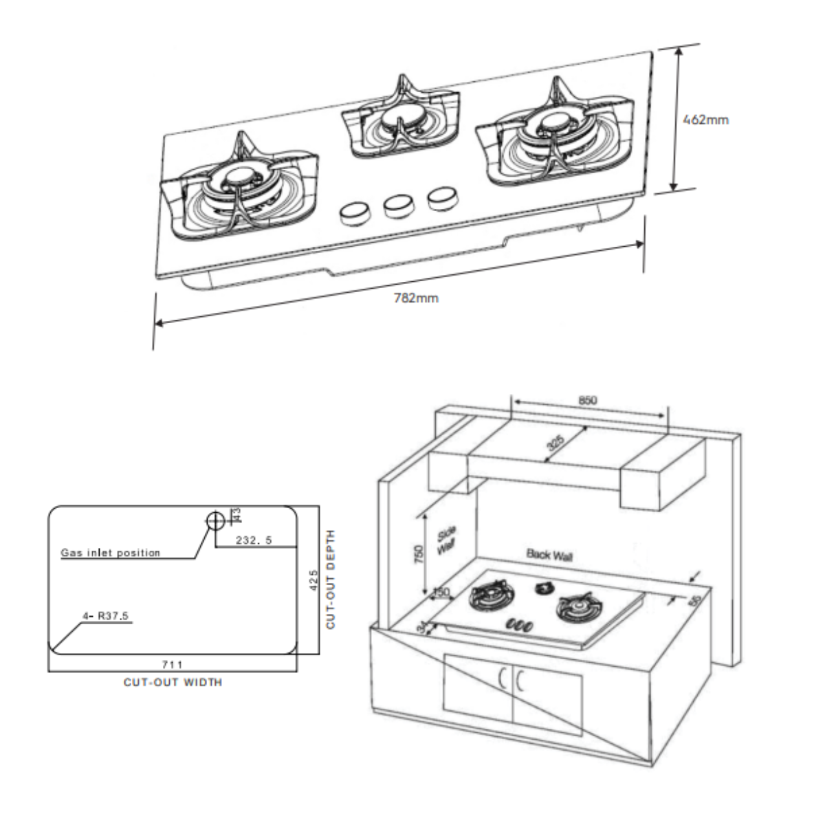 Electrolux EGT7836BEP- 78cm Black Tempered Glass 3 Burners