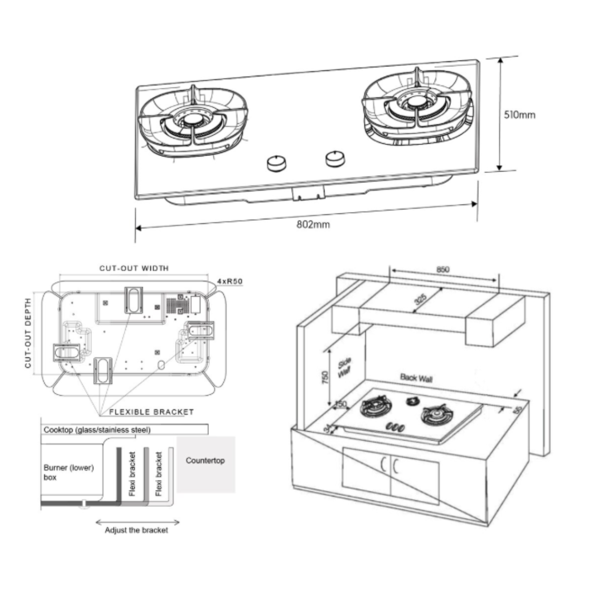 Electrolux EHG8250BEP - 80cm Black Tempered Glass 2 Burners