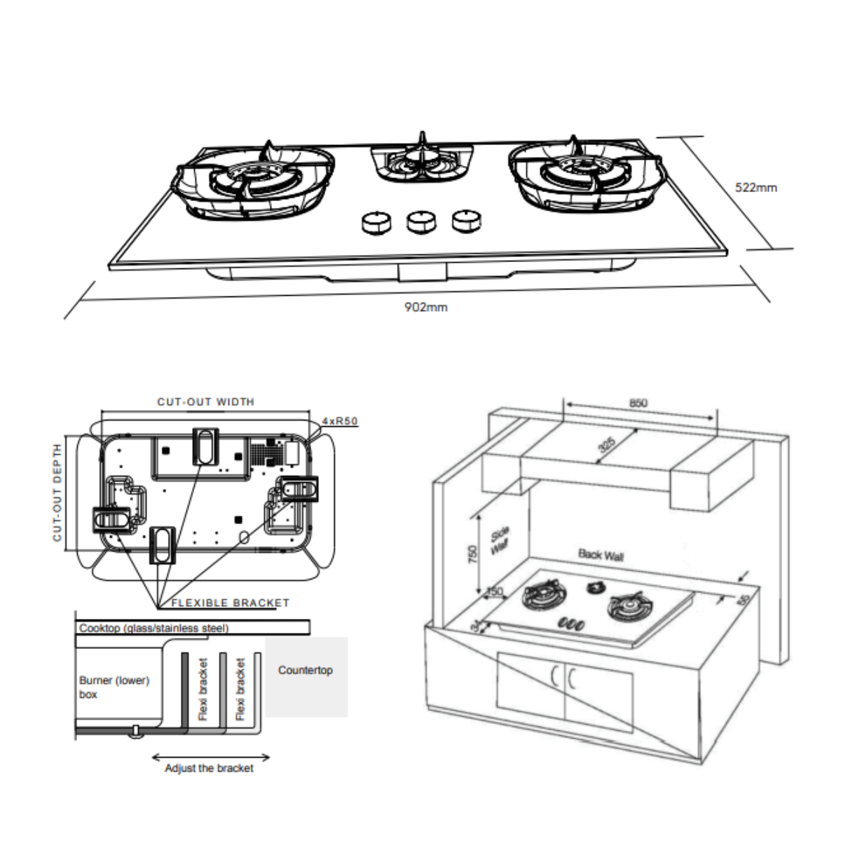 Electrolux EHG9350BE- 90cm Blac Tempered Glass 3 Burners