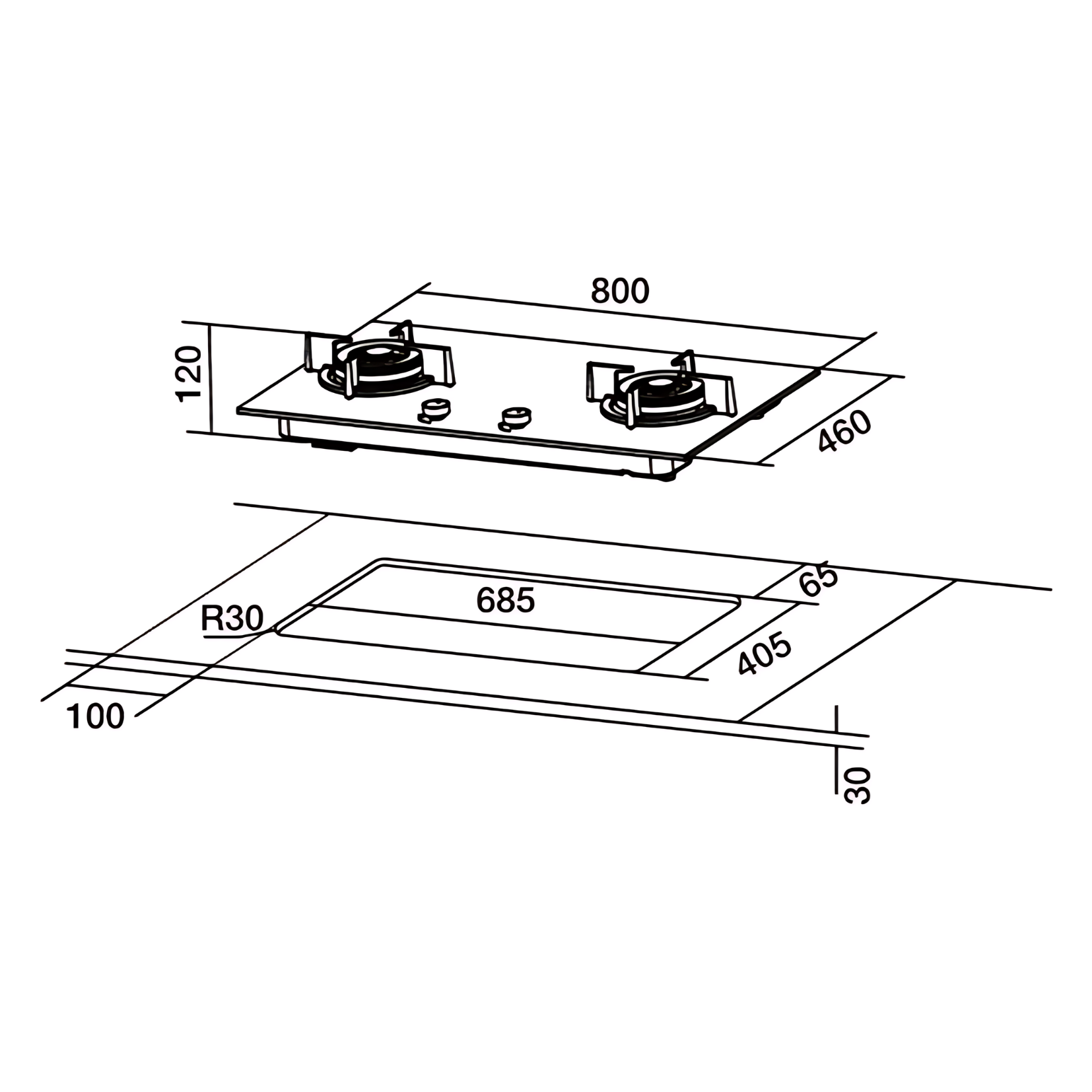 Hafele HC-GH80A2  - 80cm Gas Hob 2 Burners