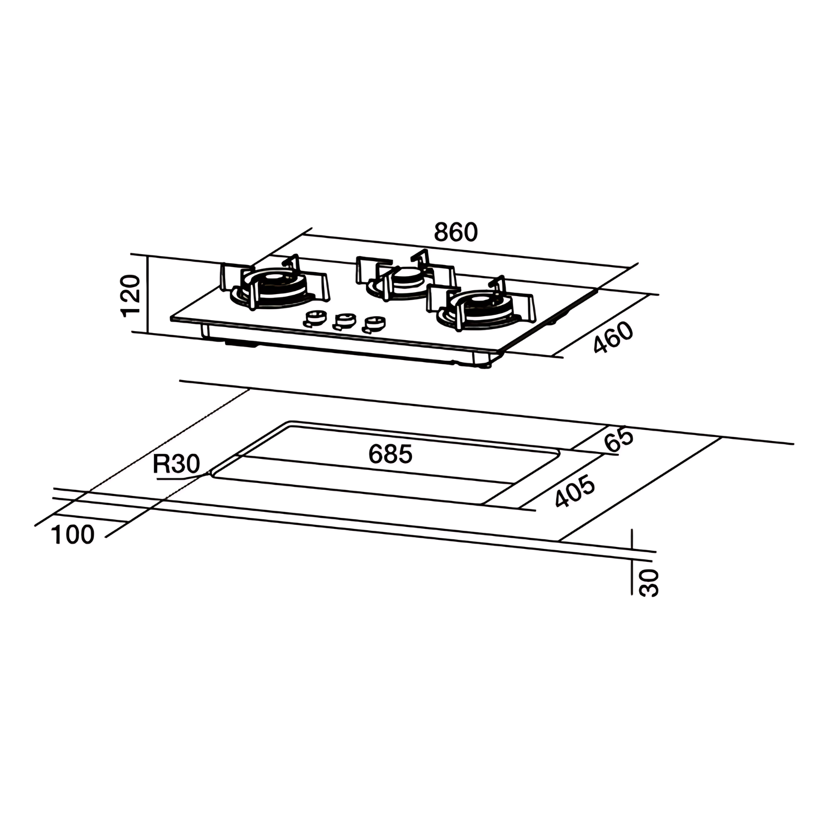 Hafele HC-GH80A3  - 86cm Gas Hob 3 Burners