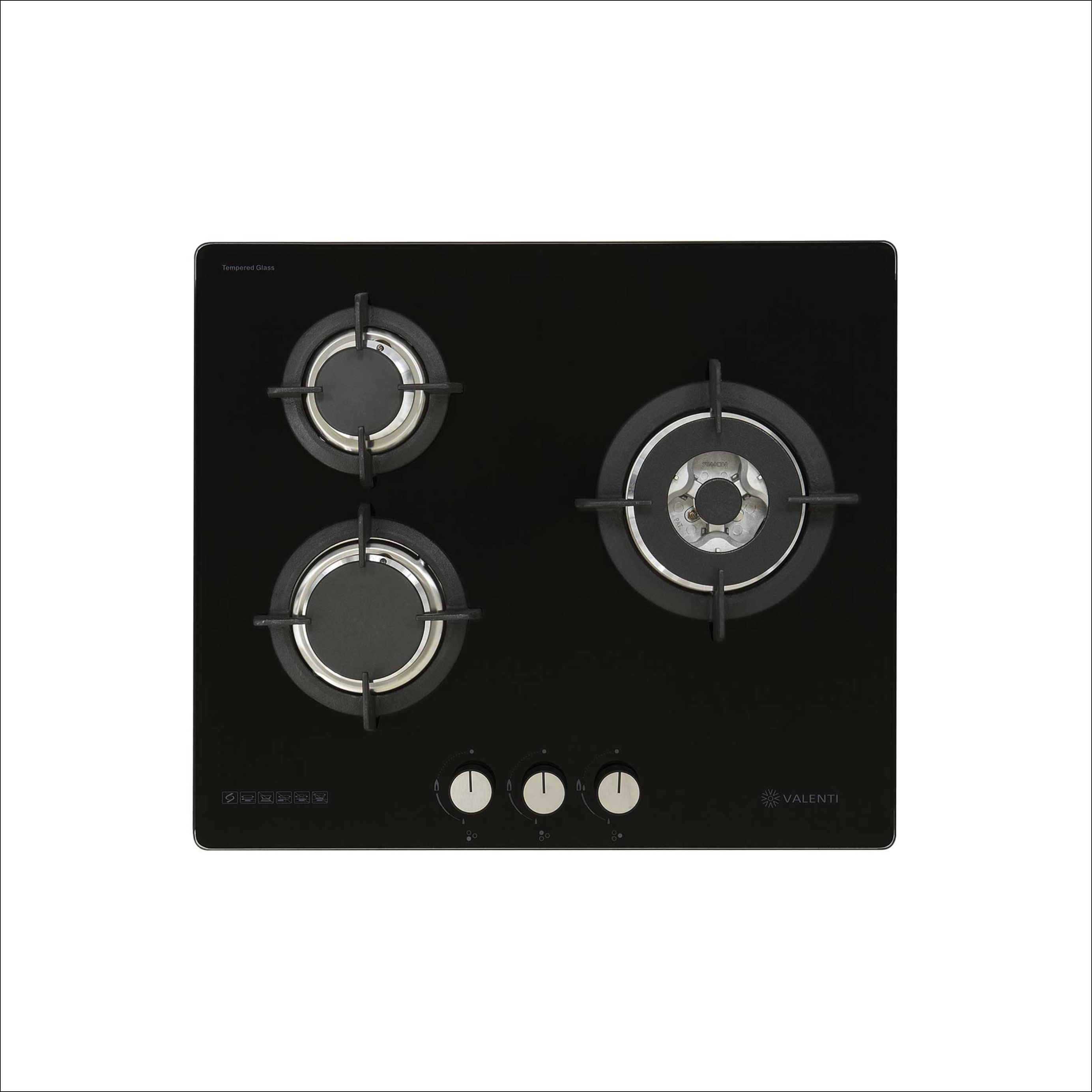 Valenti VC630GB - 60cm Glass Gas Hob 3 Burners