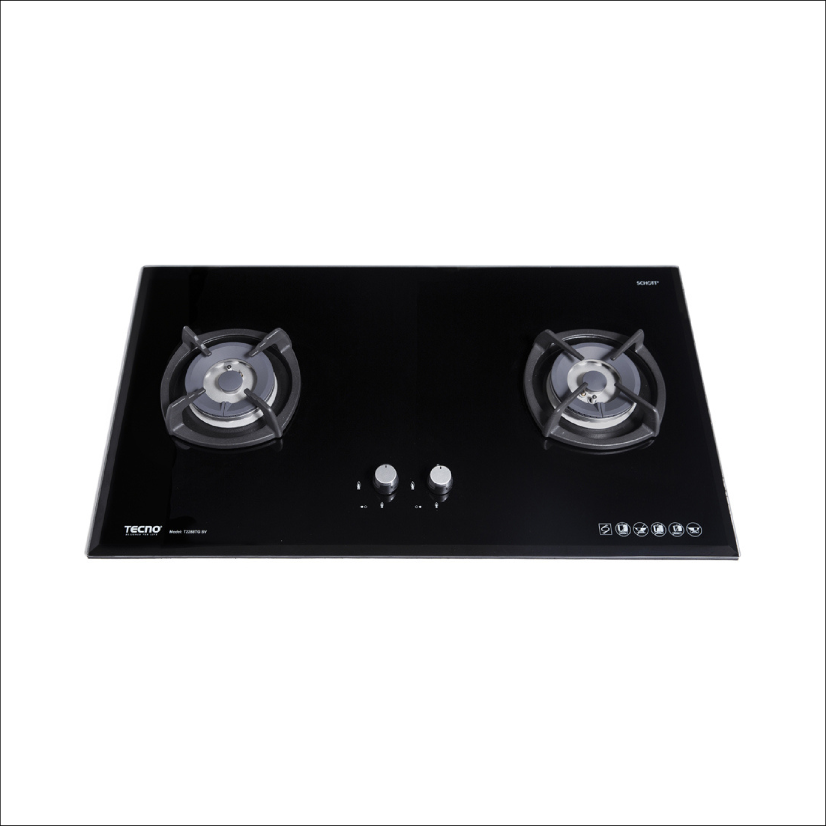 Tecno T2288TGSV - 88cm Glass Tempered Gas Hob 2 Burners
