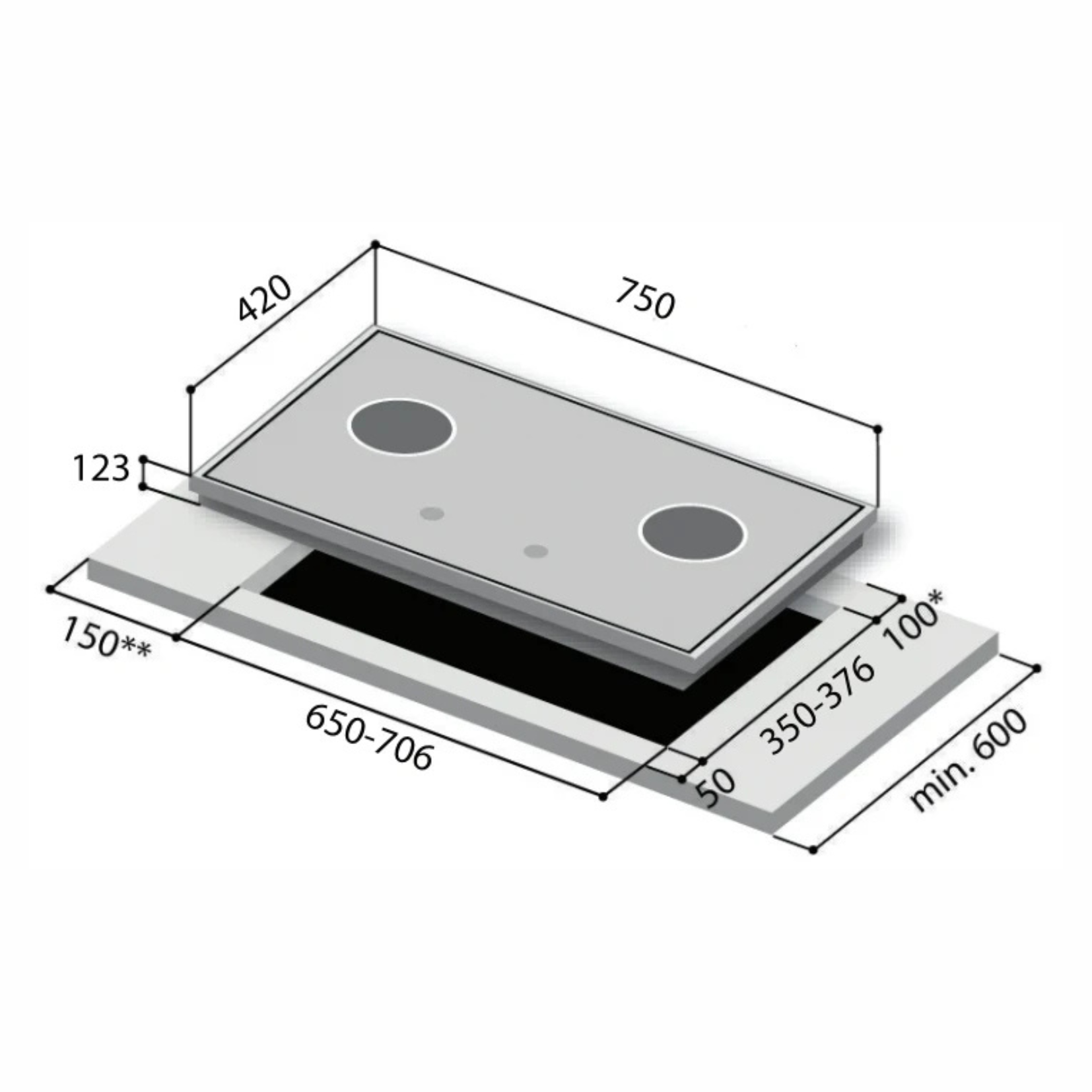 Rinnai RB-7302S-GBS - 75cm 2 Burner Built-In Glass Top Plate