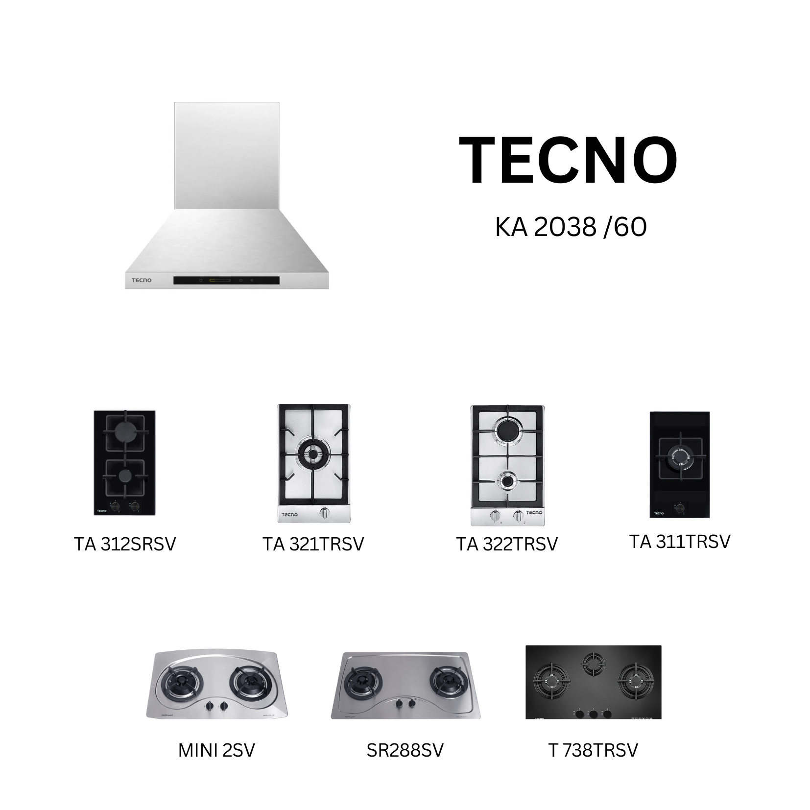 Tecno KA 2038 /60 - 60cm Stainless Steel Chimney Hood + Hob Bundle