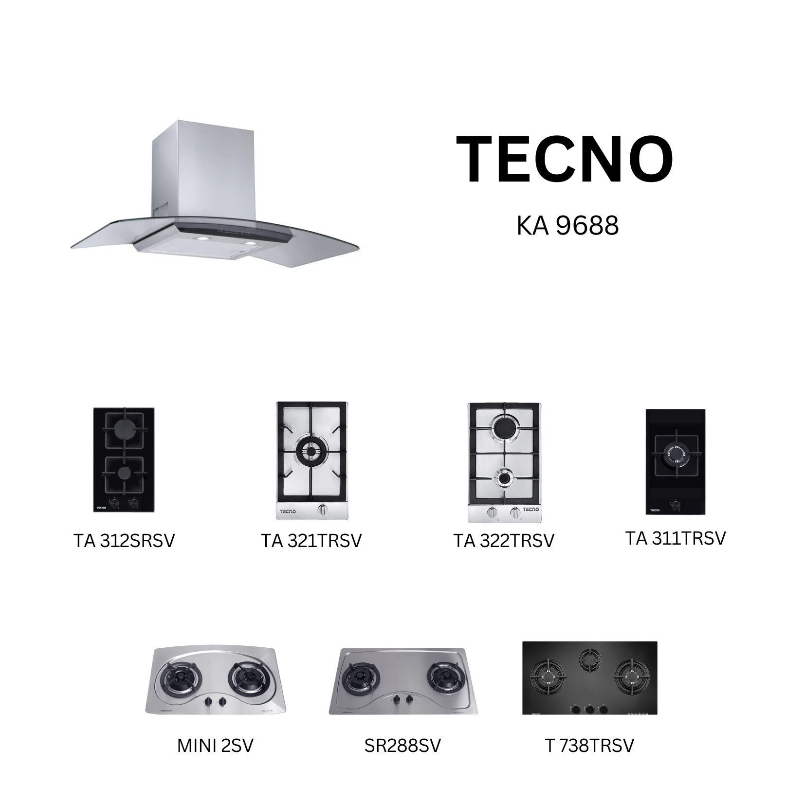 Tecno KA 9688 - 90cm Stainless Steel Chimney Hood + Hob Bundle