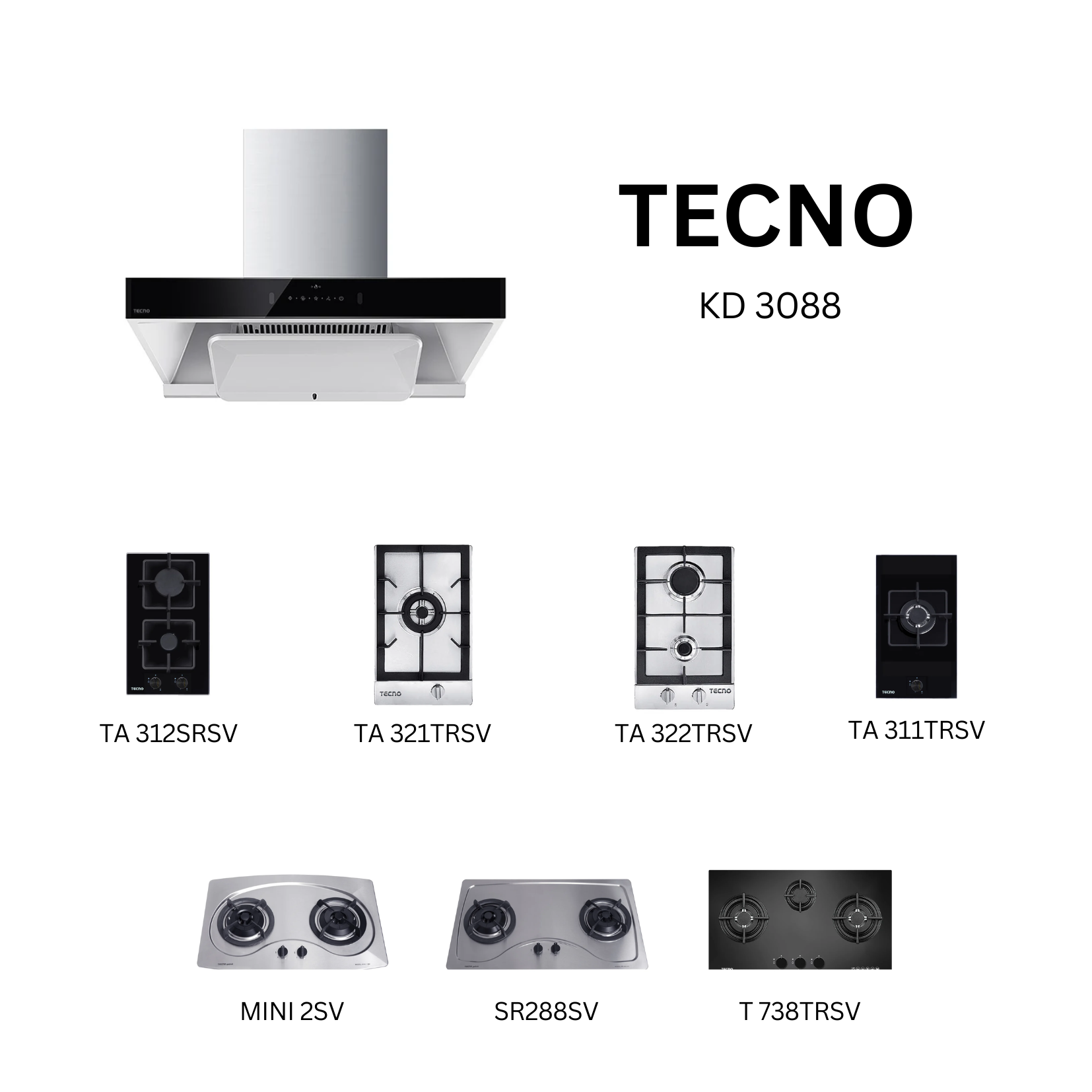 Tecno KD 3088 - 90cm Stainless Steel Chimney Hood + Hob Bundle