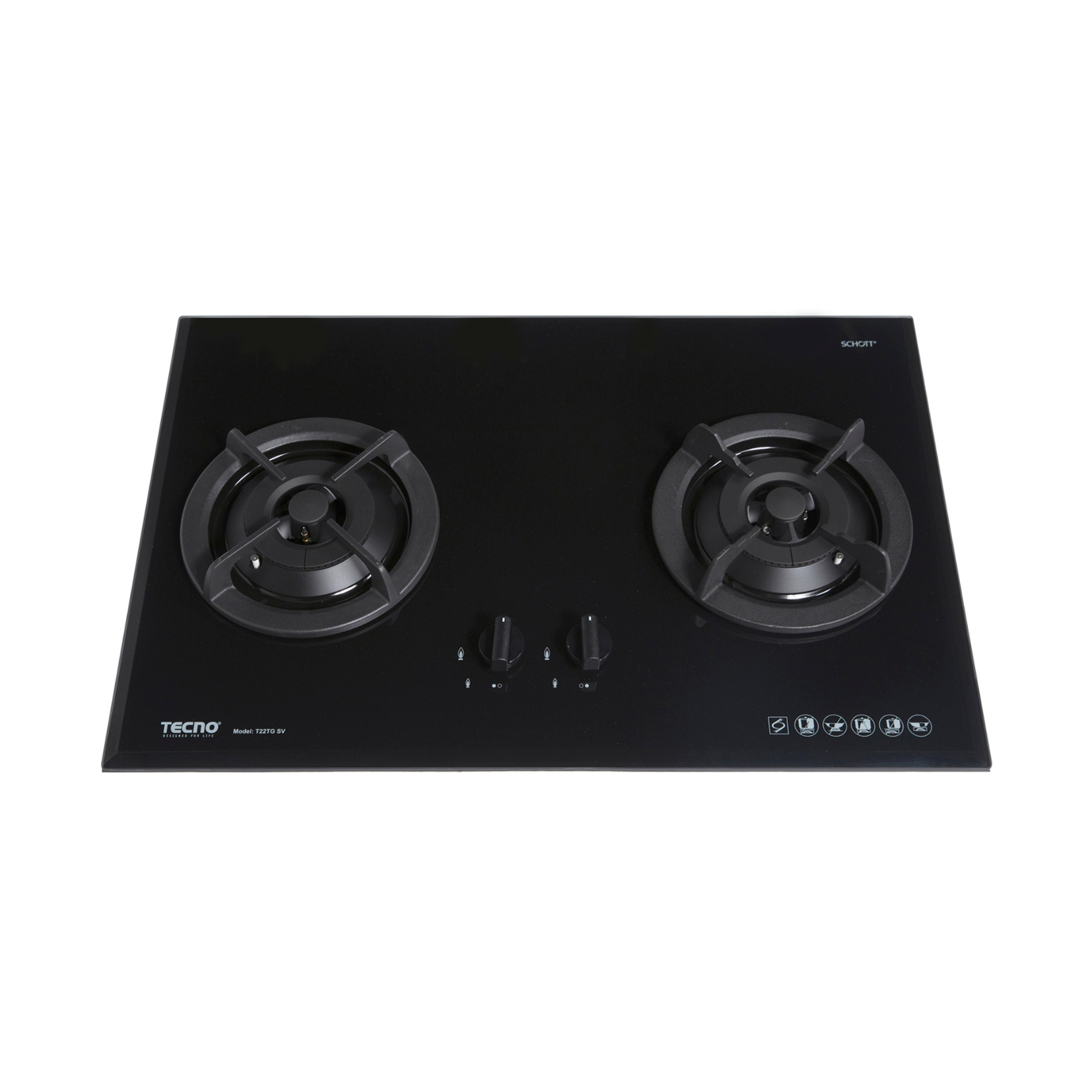 Tecno T 22TGSV - 70cm Tempered Glass Hob 2 Burners